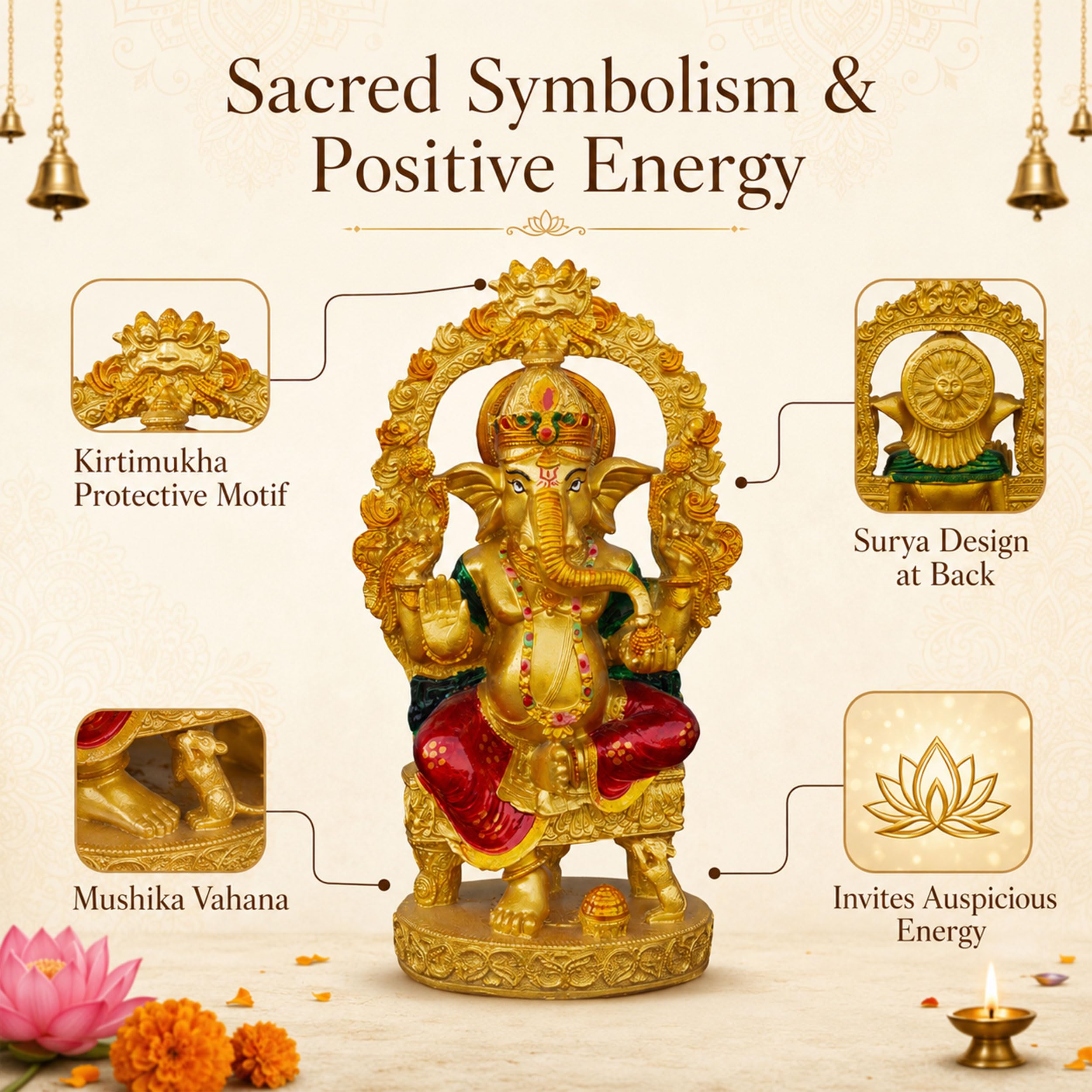 Gold Lord Ganesha Idol for Home Mandir Decor | 10 Inch Lacquer Coated Resin Ganpati Statue on Throne | Vinayaka Murti for Pooja Room Office Diwali Gift — photo — 2 of 7