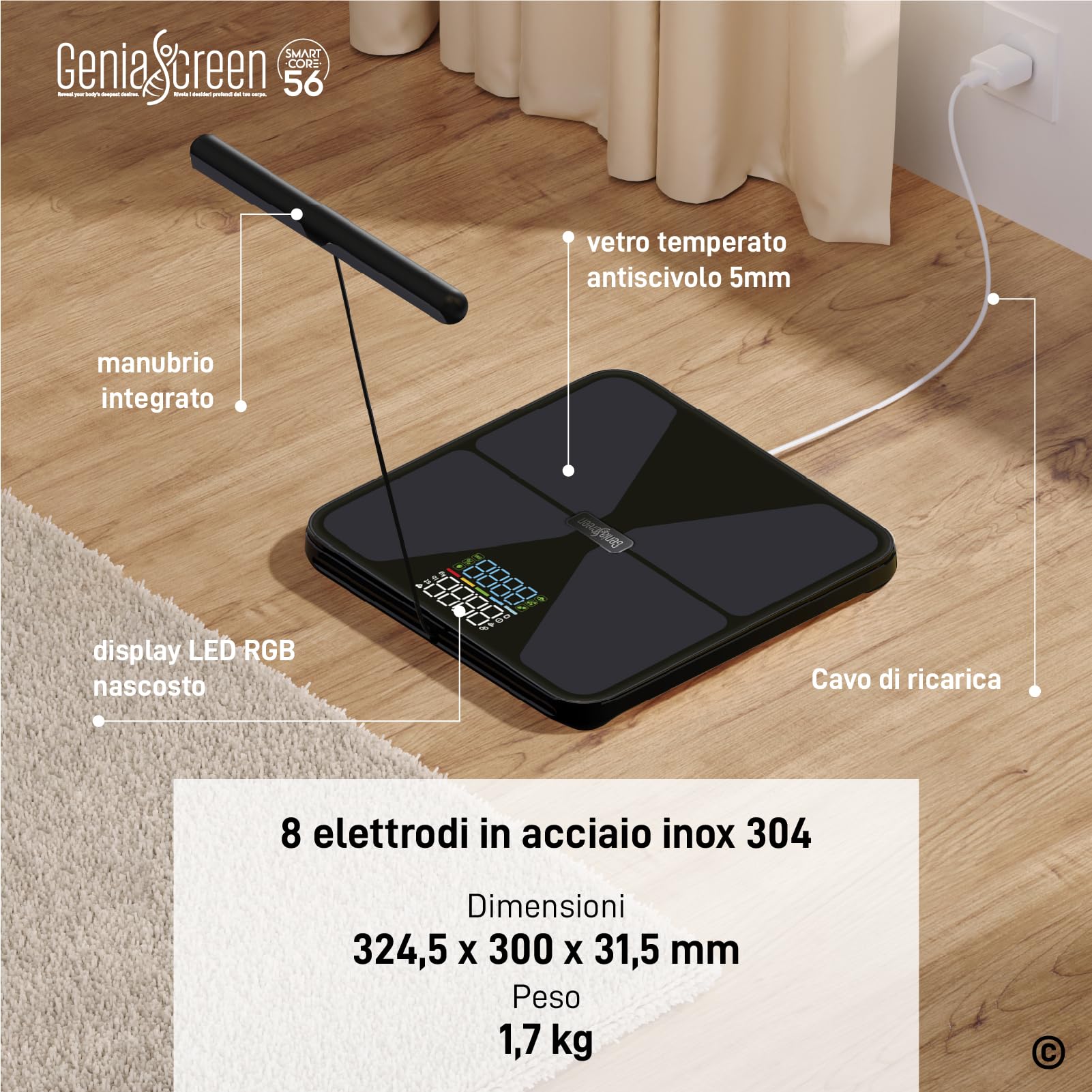 Bilancia Impedenziometrica Smart Wi-Fi Pesapersone Digitale Ricaricabile 56 Misurazioni Vetro Temperato 32x30cm Portata 180Kg GeniaScreen SmartCore Display LED - Massa Muscolare Grasso BMI Bluetooth