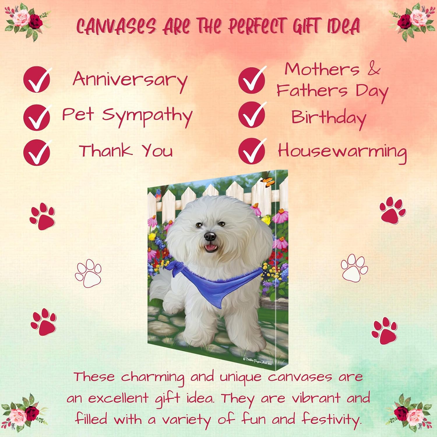 Doggie of the Day Spring Floral with Bichon Frise Dogs Canvas Wall Art - Premium Quality Ready to Hang Room Decor - Flat Rolled 11" x 14"