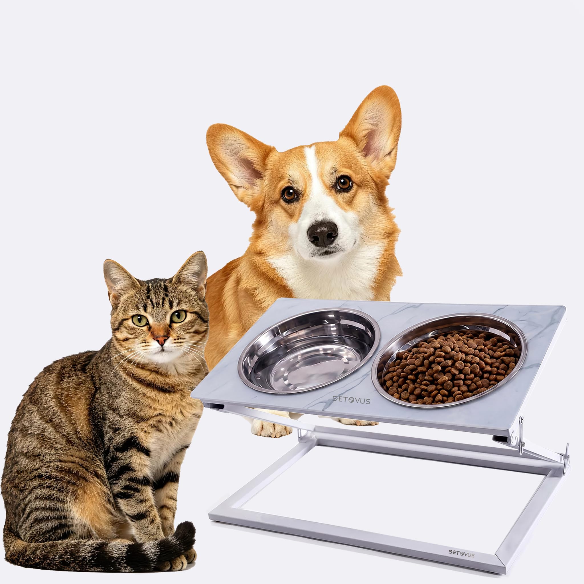 Erhöhter Hundenapf, verstellbarer erhöhter Hundenapfständer mit 2 Edelstahl-Futternäpfen, 20° geneigte Wassernäpfe für kleine Hunde und Katzen (Kunstmarmor (weiß), Größe S