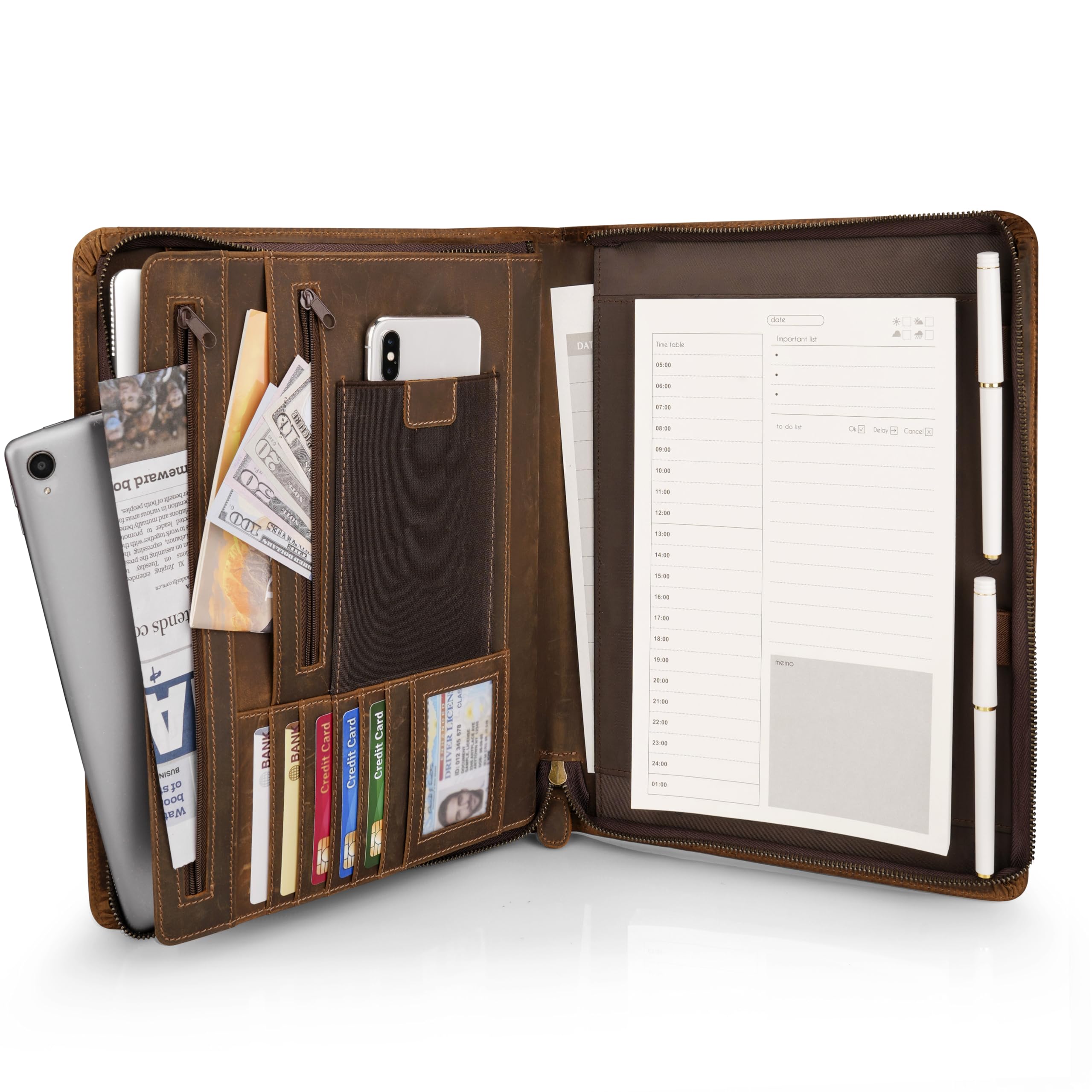 JinRuiKJ Carpeta de cuero para hombres, carpeta de negocios para A4/bloc, organizador de carpetas de cuero con soporte para bloc de notas, ranuras para tarjetas, lazo para bolígrafo, 10 x 13 pulgadas,