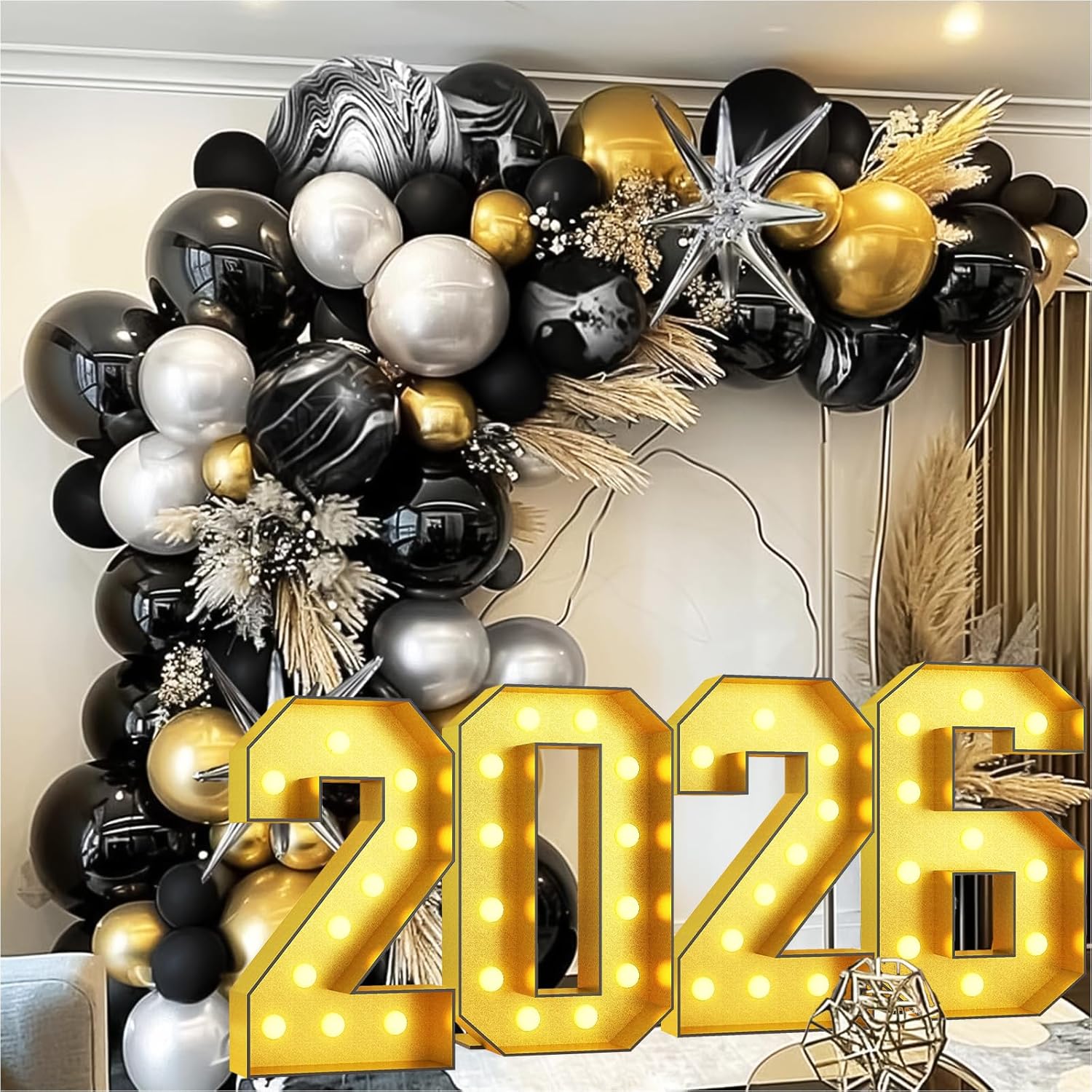 2026 Marquee Light Up Numbers 4FT, Gold Large LED Number Lights for New Year Eve Party Decorations, DIY Pre-Cut Foam Board Kit for Graduation Class of 2026, Prom, Corporate Events Photo Prop