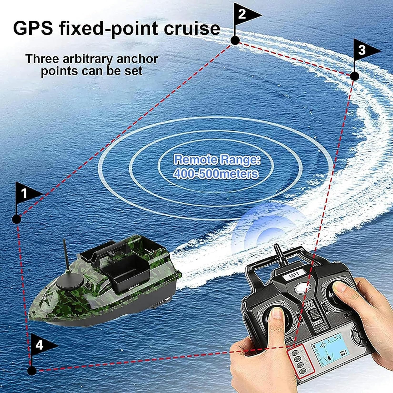 Barca Esca Telecomandata da Pesca, Barchino Carpfishing per Piscine & Laghi, Fish Bait Boat 500m GPS Crociera a Doppio Motore Crociera Automatica, Tre Contenitori Esca, Capacità di Carico di 2kg