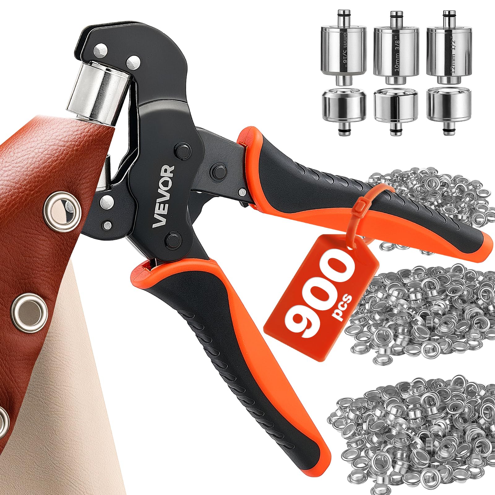 VEVOR Alicates de Ojales 8mm 10 mm 12 mm con 900 Piezas de Ojetes de Metal