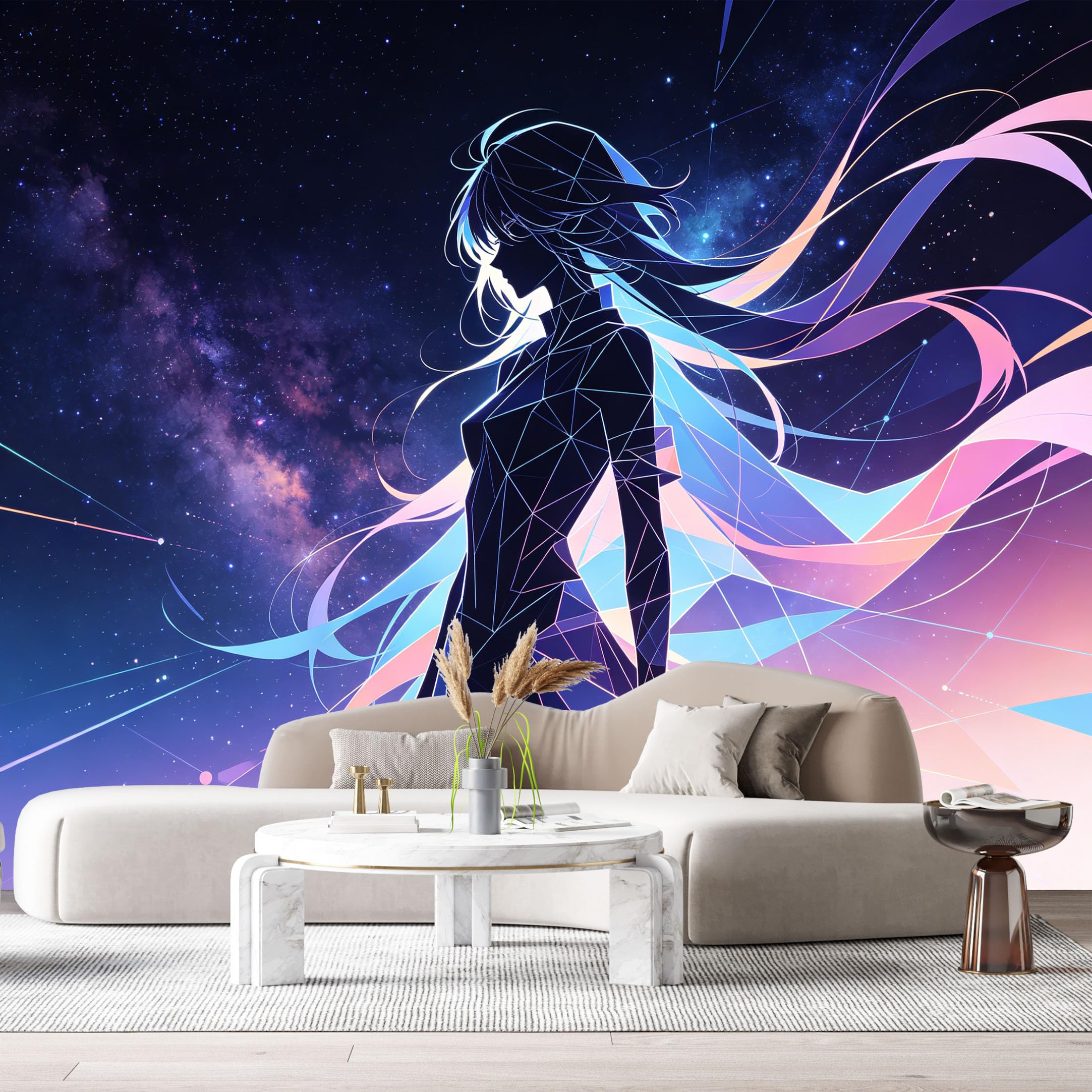 Custom Size Wall Murals Abstract Geometric Girl Silhouette Starry Galaxy Nebula SelfAdhesive Wall Fabric Removable Large Wallpaper for Photo Living Room