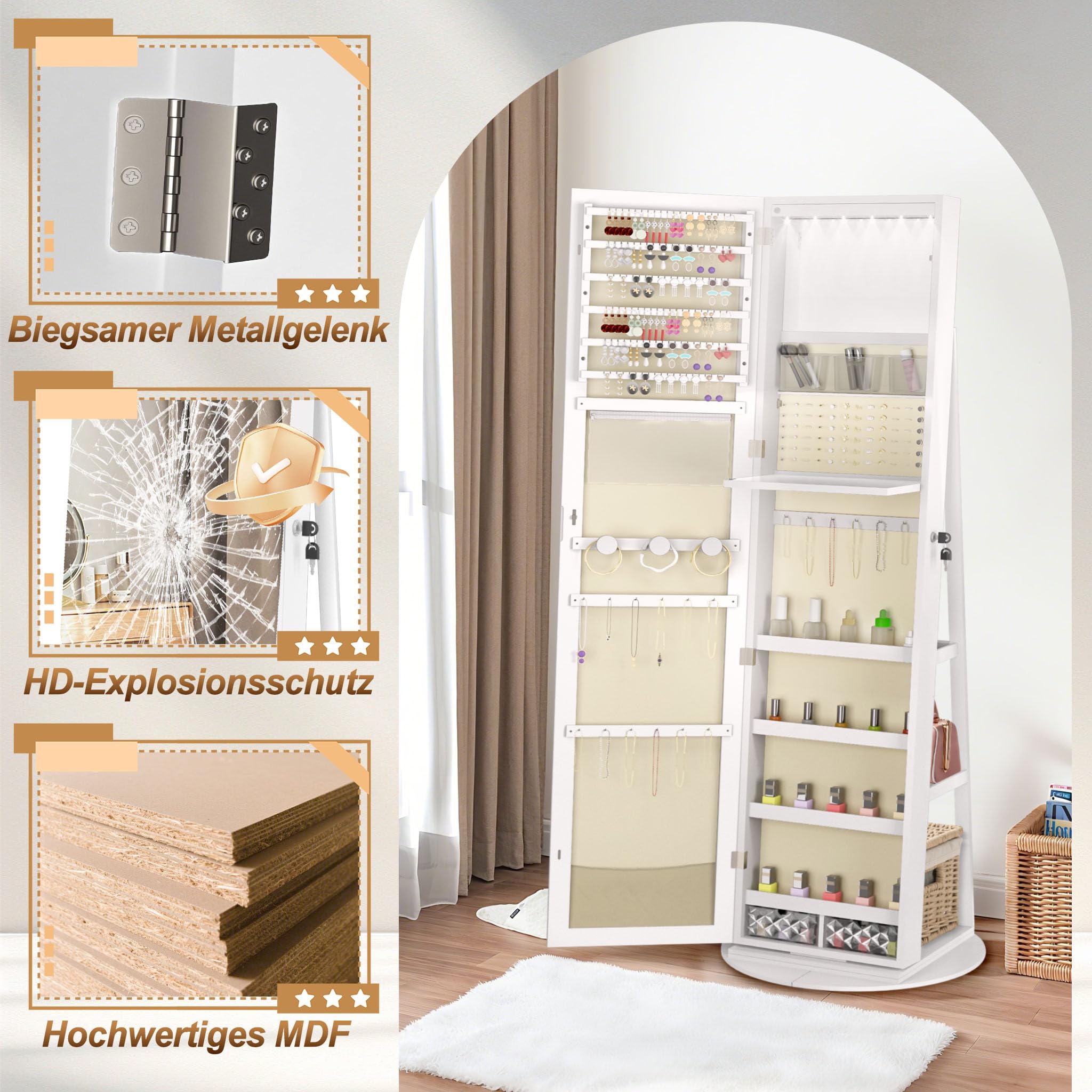LZQ Armoire à bijoux avec miroir et lumières LED - Pivotant à 360° - Verrouillable - Organiseur de bijoux 3 en 1 - Grand rangement de bijoux - 161 x 54,5 x 10 cm - Blanc