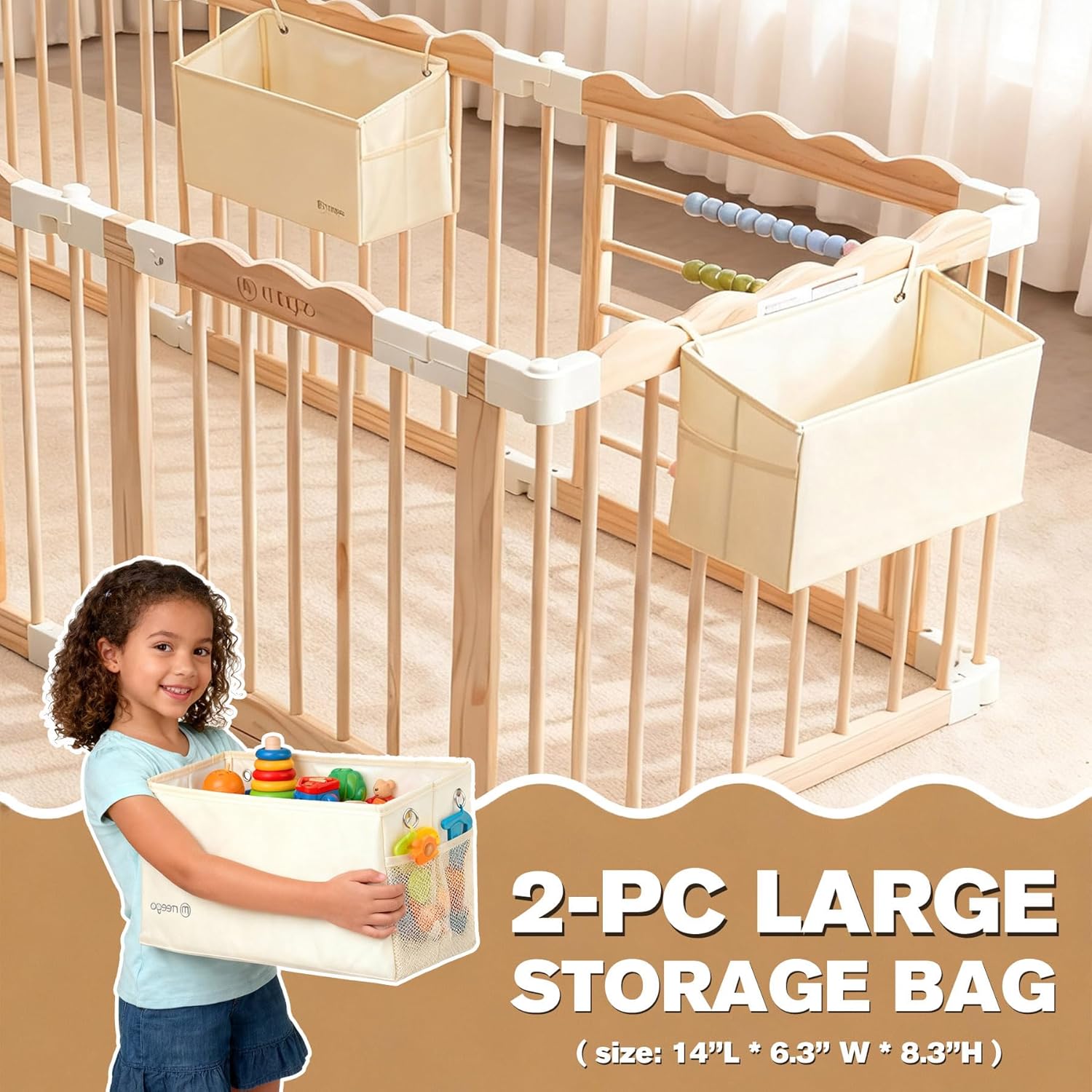 Foldable Baby Playpen, 57 x 57 x 25 in, Adjustable Shape & Size Wooden Baby Playpen with 2-Pack Storage Bags, Nature Pine Wood Play Yard for Infant, Toddler, Safety Lock Door, Build in Toys