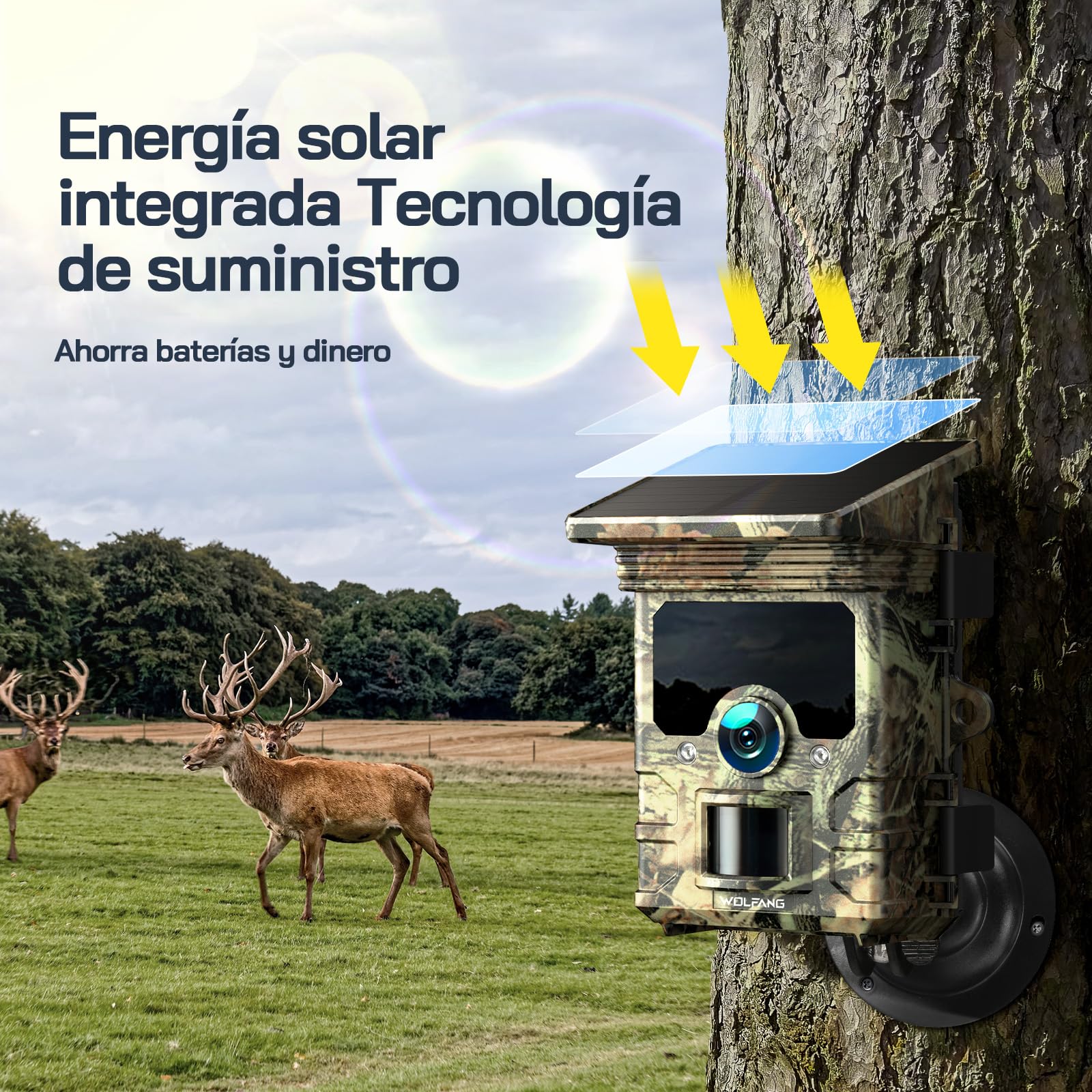 WOLFANG Cámara de Caza, 4K 68MP Solar Wi-Fi Bluetooth Cámara Caza con Visión Nocturna, Envío al Móvil App, Detección 120°, Disparo de 0.1 s, Batería de 5200 mAh, IP66, para Monitoreo de Vida
