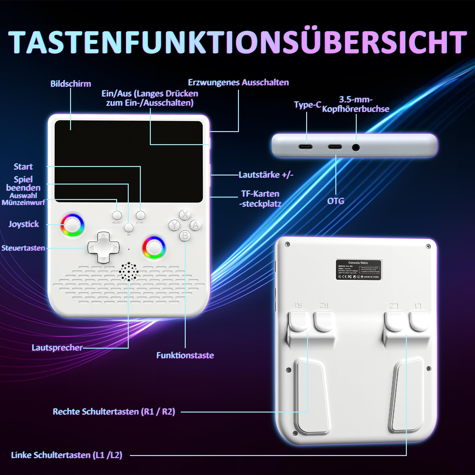 H5 Retro Handheld Spielkonsole, 256 G über 40.000 Spiele, 5-Zoll-IPS Retro Konsole, Linux-System, 4000-mAh-Akku, Unterstützt 34 Emulatoren,Tragbare Mini-Arcade(weiß)