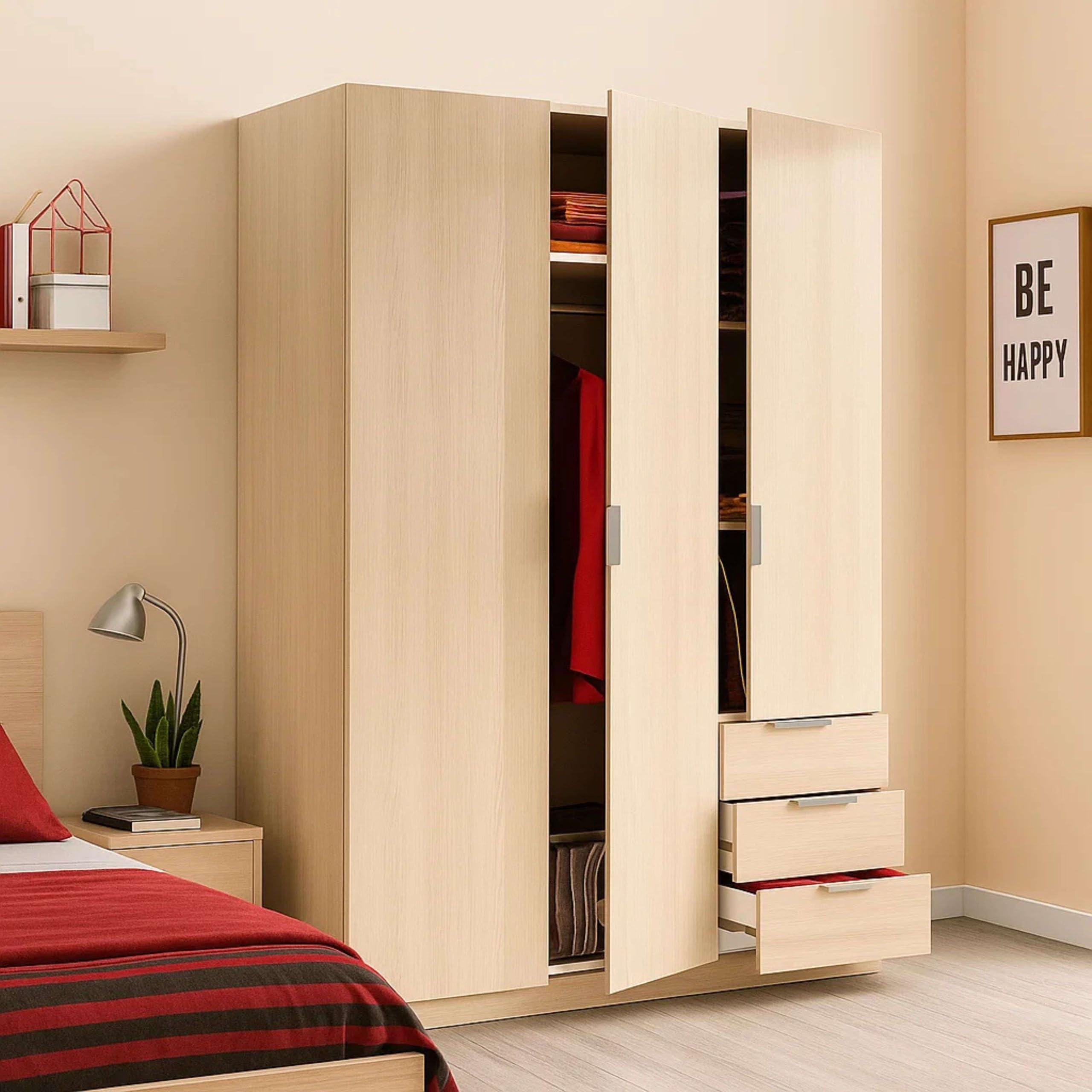 Habitdesign Armario Ropero 3 Puertas 3 Cajones, 121x180x52 (AnchoxAltoxFondo-en Cm), Color Roble