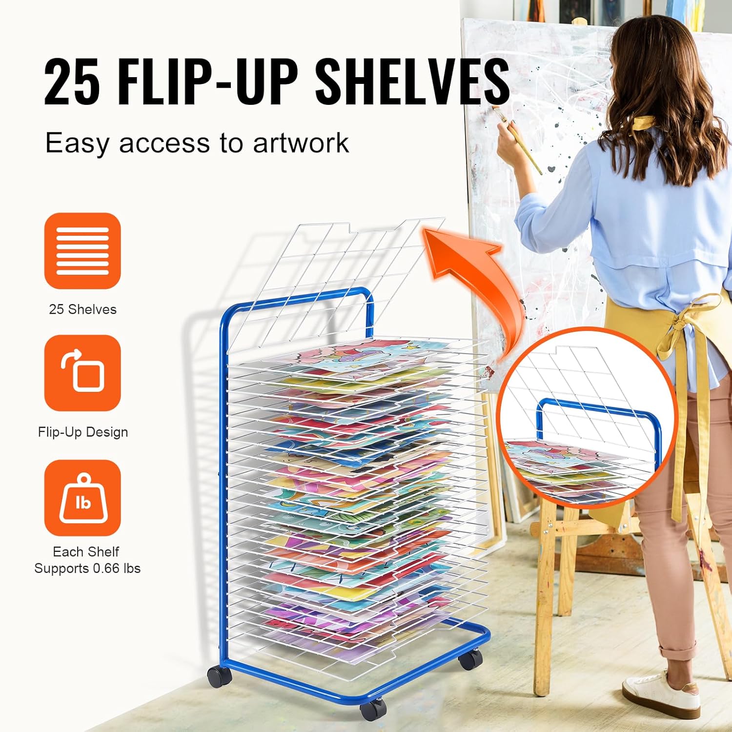 Happybuy Art Drying Rack, 25 Removable Shelves, 23.75x17.5x38 inch, with Wheels, for Classrooms, Studios, Schools, Blue+White