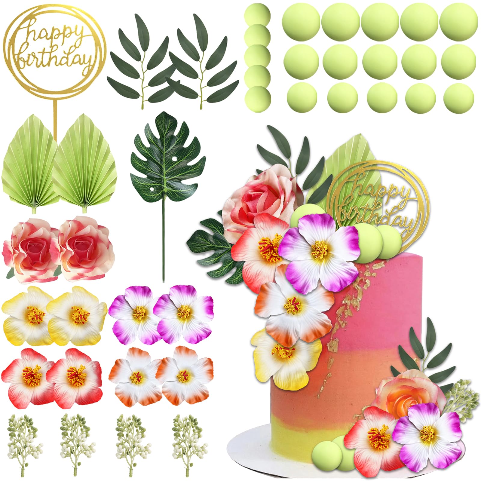 UFROMSKY 40pcs Hawaiian Cake Toppers Summer Tropical Cake Decoration with Balls and Flowers Boho Palm Leaves for Beach Themed Party Birthday Holiday