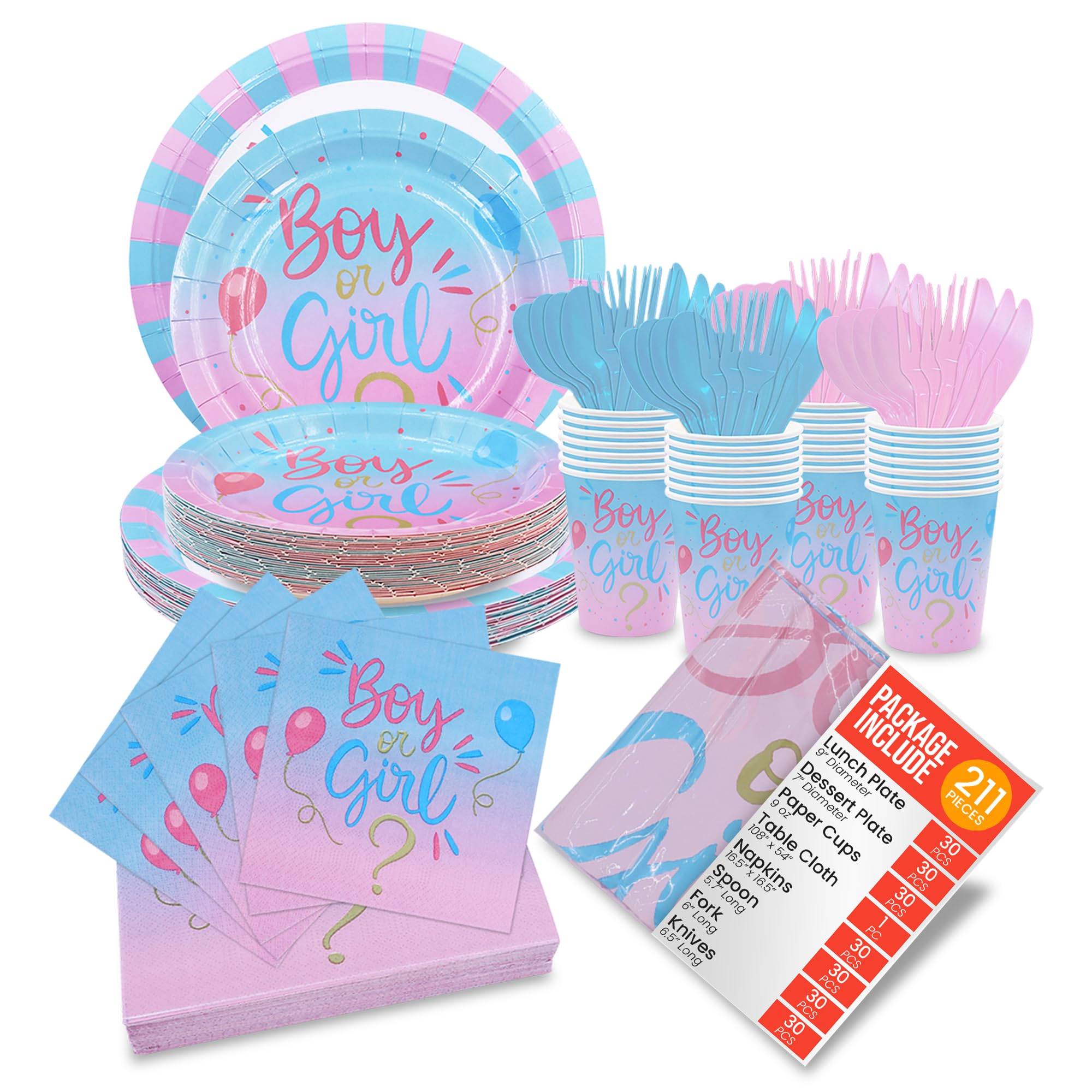 Jubi Gender Reveal Paper Dinnerware Set for 30 - Plates, Napkins, Cups, Tableware - Party Decoration Pack for Gender Reveal Celebrations - 211 pcs