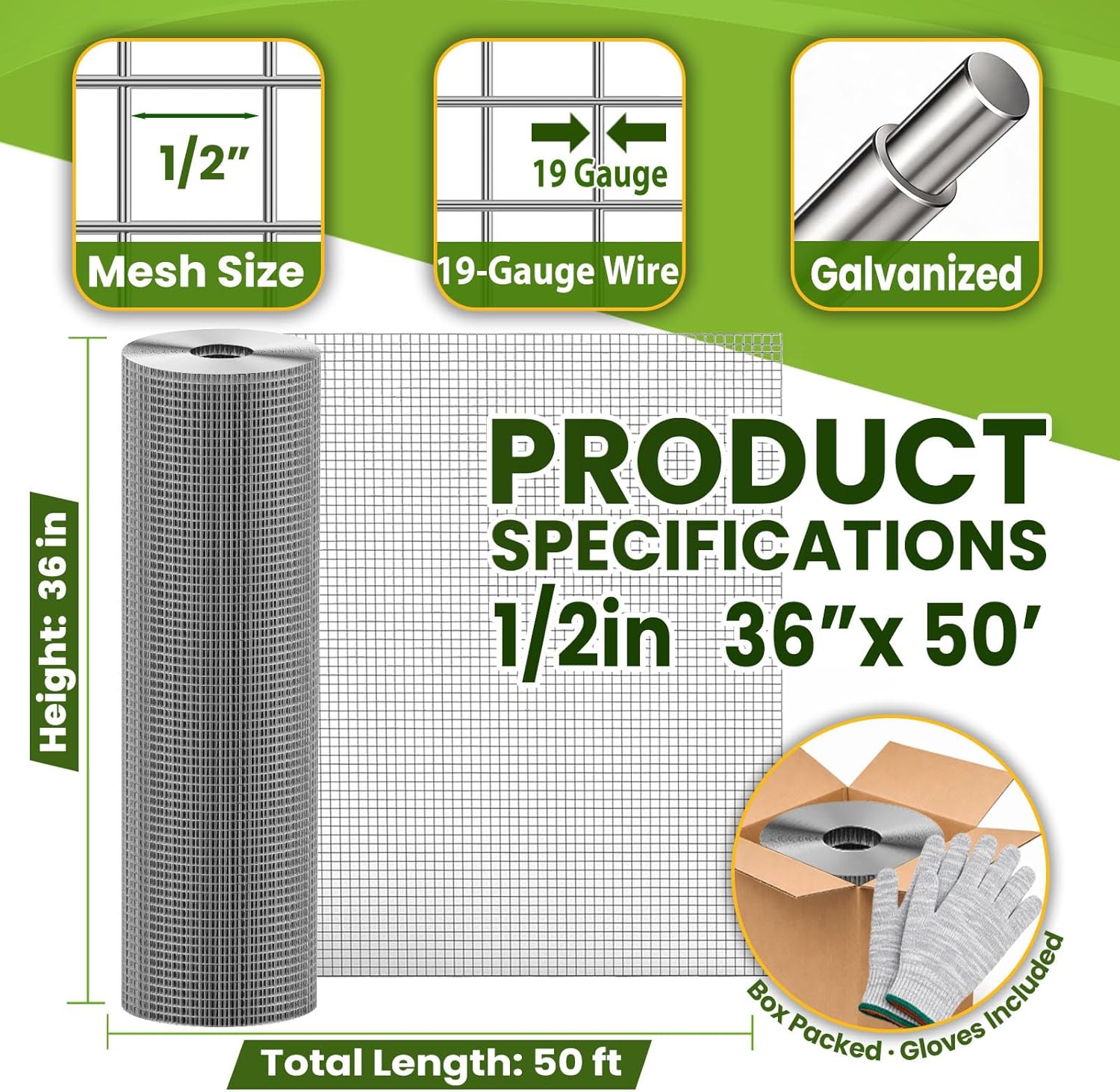 1/2 inch 36inx 50ft Hardware Cloth Chicken Wire Fencing 19G, Hot Dipped Galvanized After Welding, Wire Mesh Roll, Garden Fence, Poultry and Rabbit Barrier, Outdoor Metal Fencing