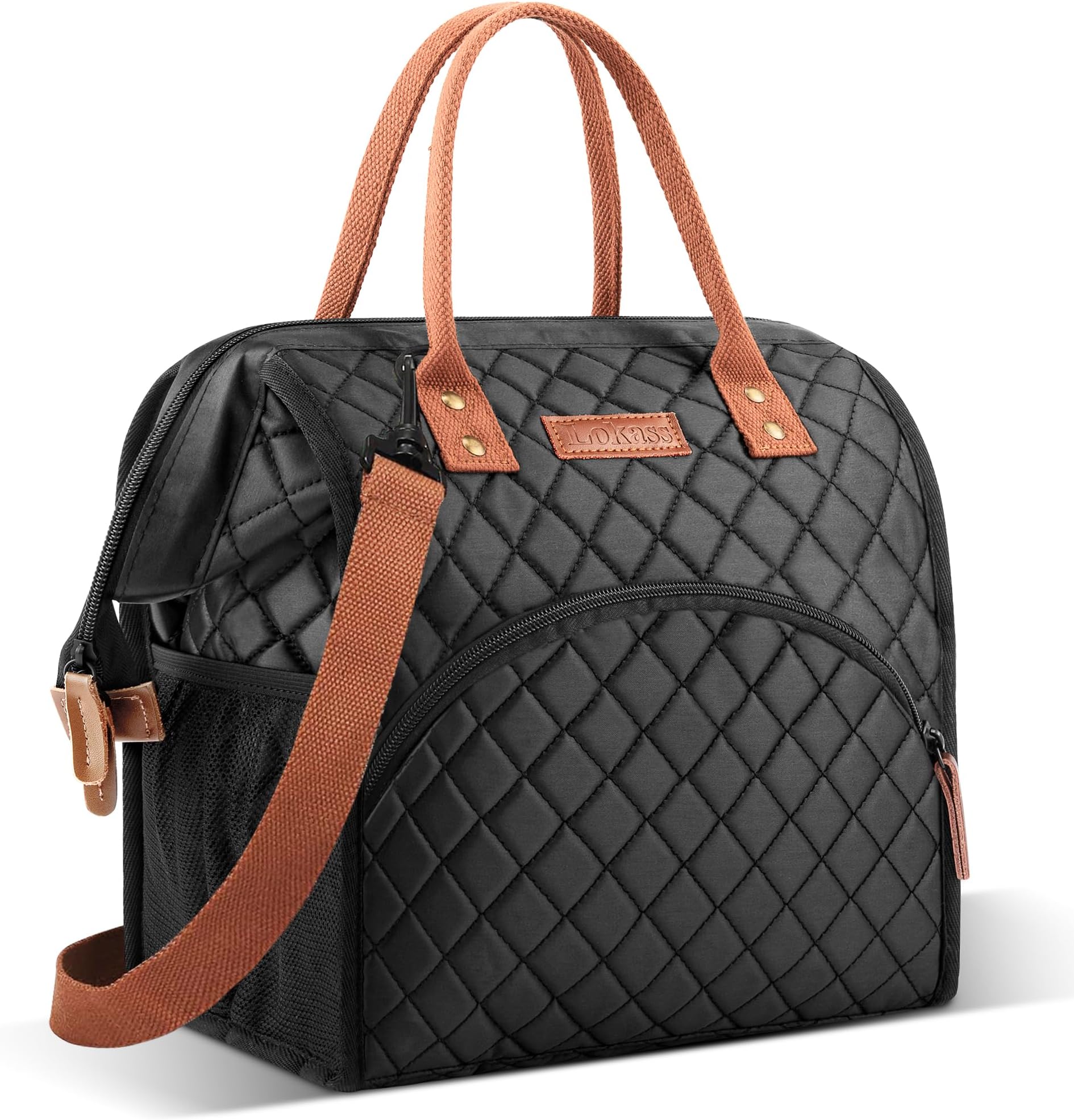 LOKASS Lunch Bag Insulated Lunch Box Wide-Open Lunch Tote Bag with Removable Shoulder Strap for Women/Men Adults Work Picnic Hiking Beach Fishing(Black)