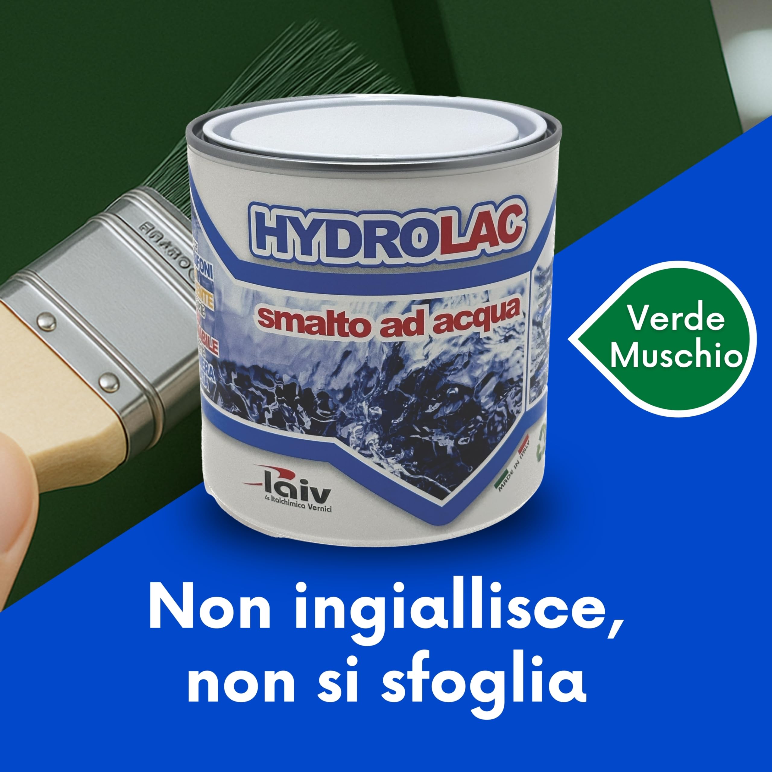 laiv HYDROLAC Smalto Acrilico ad Acqua per Interni ed Esterni – Inodore, Rapida Essiccazione, Non Infiammabile – Uso Professionale Ecologico (Verde Muschio 023, 2,5 Litri)