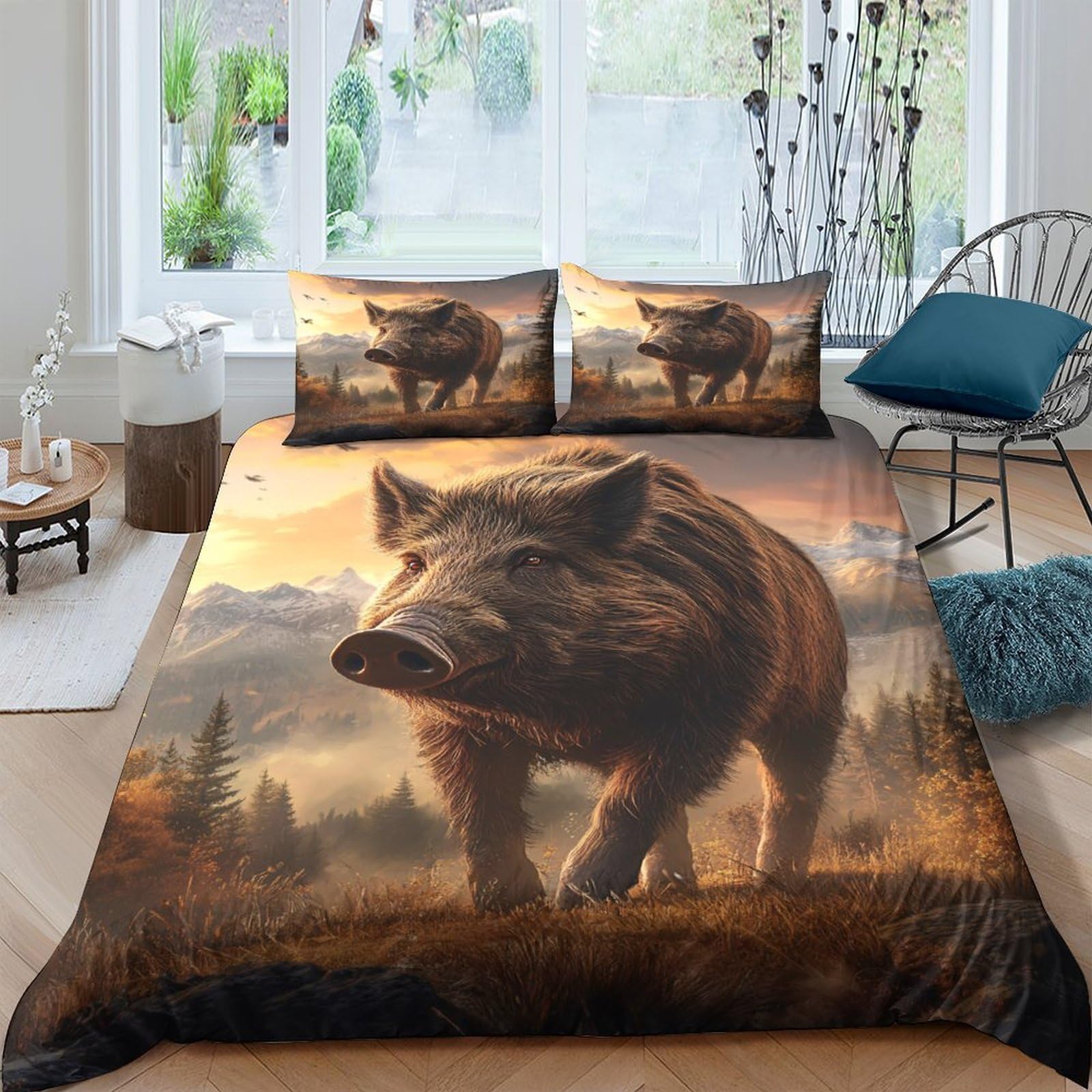 Ctjqhvkz Style-4 3D Printed Wild Boar Forest Fitted Sheet Microfiber Soft Animal Landscape Mattress Cover For Bedroom Guest Room Decor Single（135X200cm）