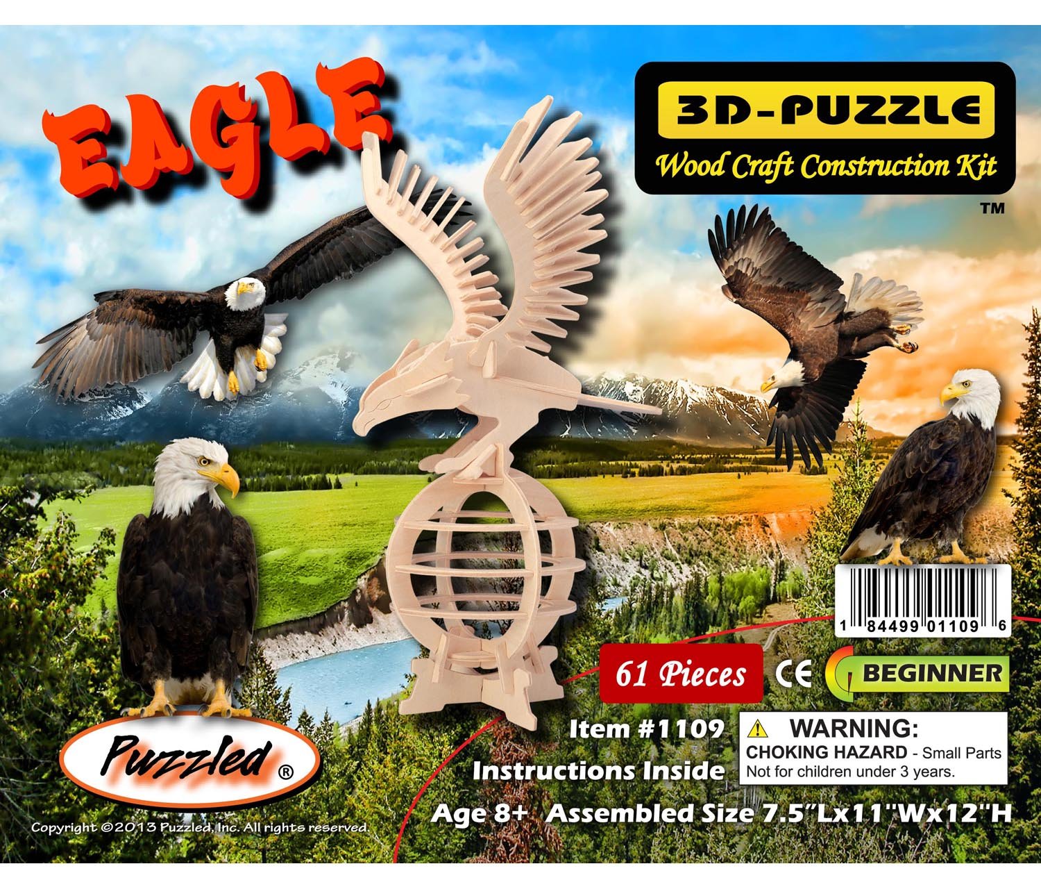 Puzzled 3D Puzzle Eagle Wood Craft Construction Model Kit, Fun, Unique & Educational DIY Wooden Toy Assemble Model Unfinished Crafting Hobby Puzzle to Build & Paint for Decoration 61 Pieces Pack