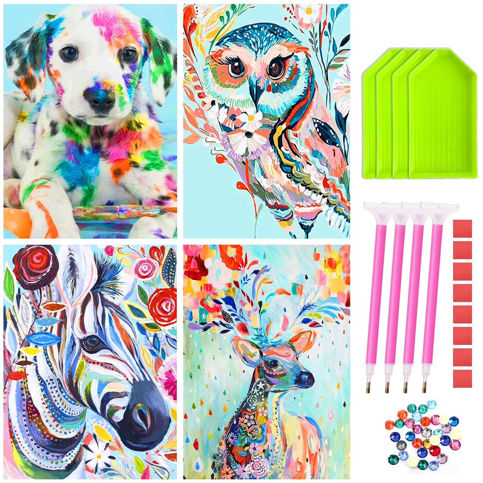 Diamond Painting, 4 Piezas Pintura Diamante Animales para Adultos y Niños, 5d Diamond Painting Kit Completo Perro Caballo Búho Ciervo para La Decoración de la Pared Del Hogar