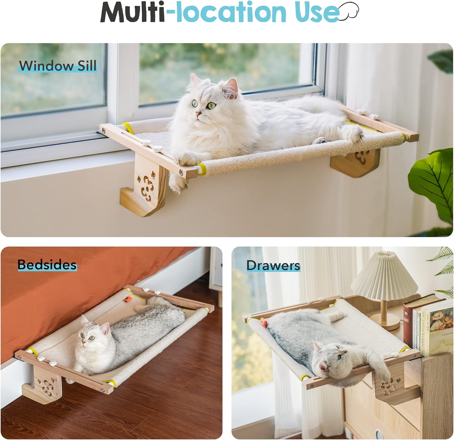 Three images showing the cat hammock installed in different locations: on a window sill, by a bedside, and on a drawer.