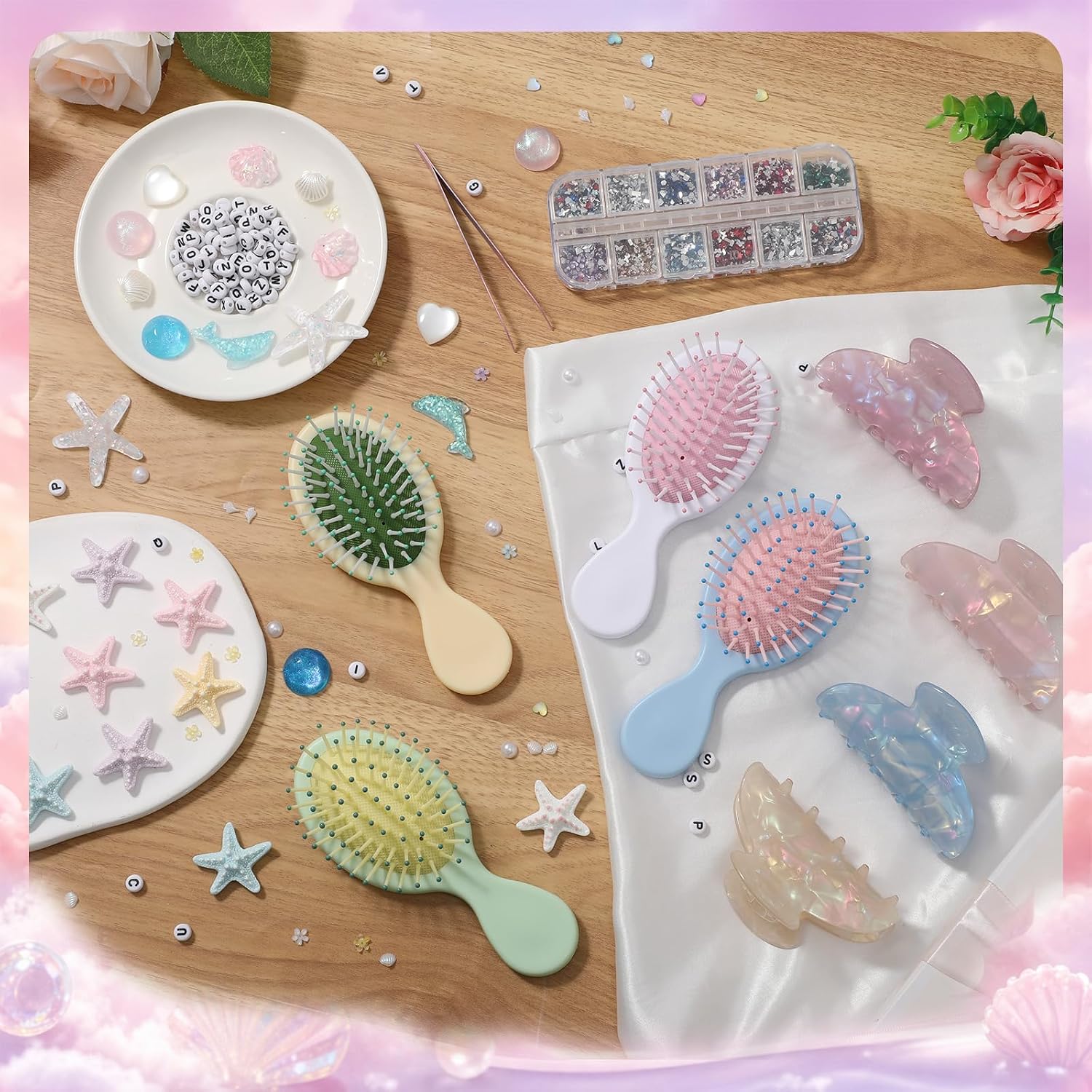 6 Pcs DIY Hair Brush Acrylic Claw Clips DIY Craft Kit Include Ocean Themed Rhinestones Custom Hair Accessories for Women Party Gifts
