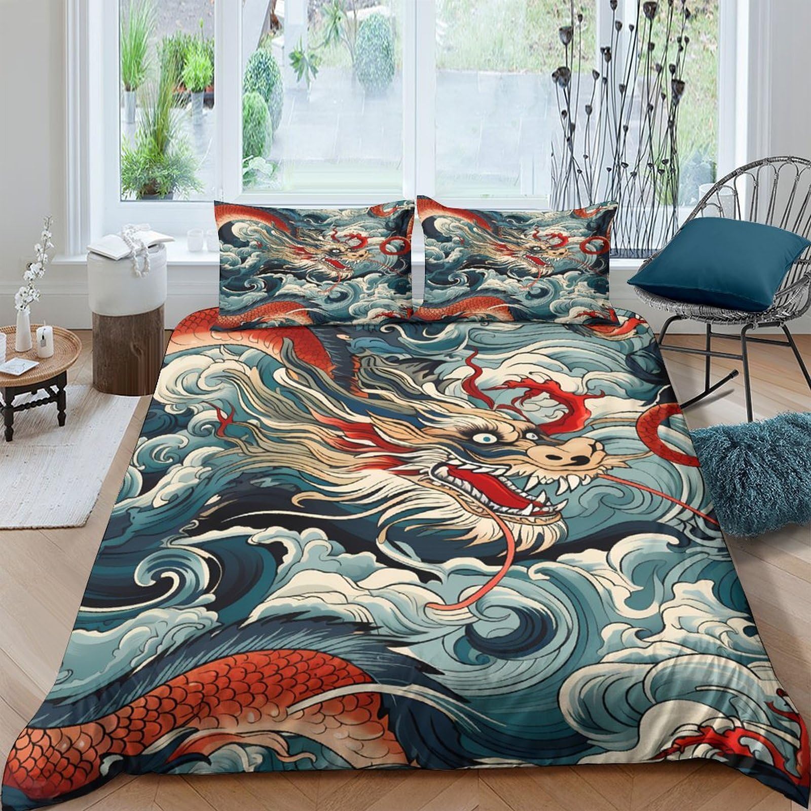 Ctjqhvkz Style-3 3D Printed Japanese Dragon Fitted Sheet Microfiber Soft Breathable Ocean Wave Bed Cover For Bedroom Dorm Decor Single（135X200cm）