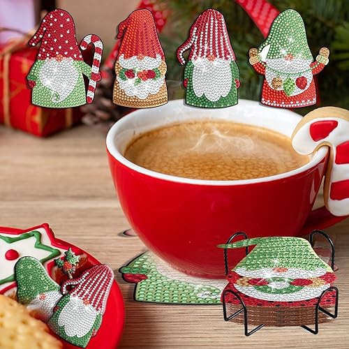 Miniatura 5 de Denylo pro Juego de 8 posavasos de pintura de gnomo de diamante de Navidad con soporte, posavasos de gnomo de Navidad para adultos, kits de pintura