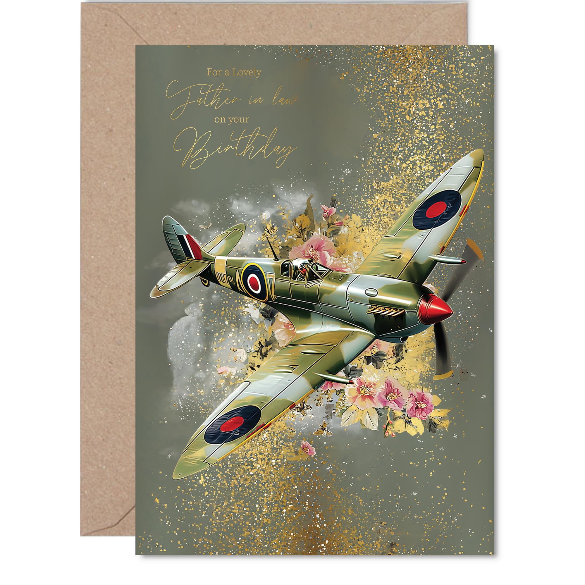 Gold Father in Law Birthday Card - Spitfire Airplane - Happy Birthday Card for Father in Law from Son Daughter, A5 Golden Vintage Aviation Military Plane Bday Greeting Cards