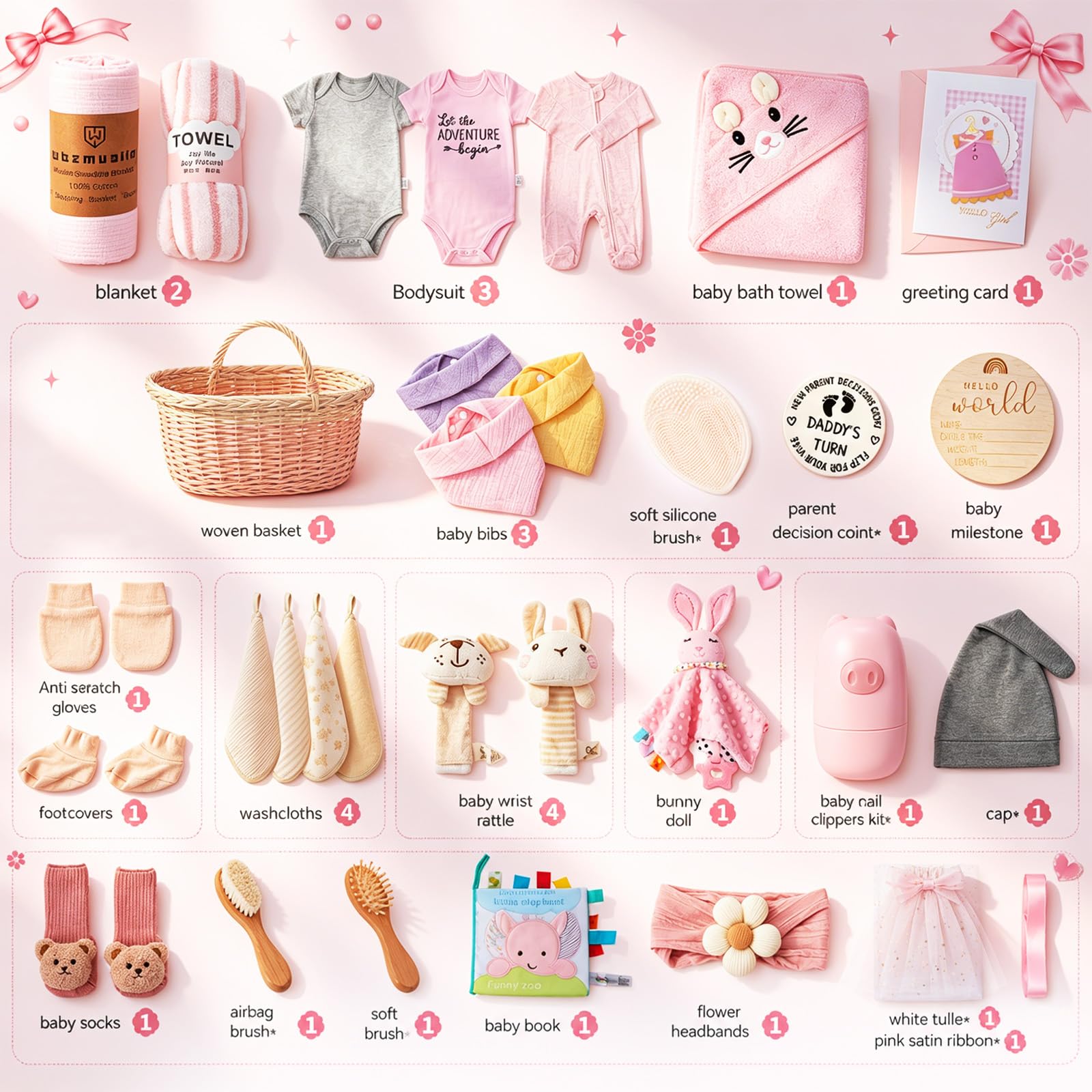 Windeltorte Baby Geschenkset Neutral - 32-teiliges Neugeborenen Set mit Hasen Plüschtier & Grußkarte im geflochtenen Korb - Luxus Geburtsgeschenk für Jungen & Mädchen, Babyparty & Taufe