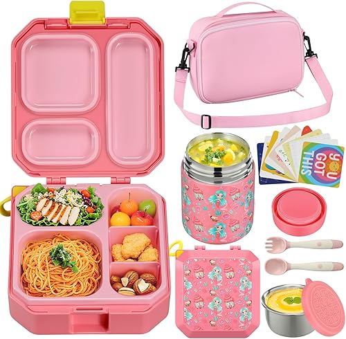 Itslife Lonchera Bento para niños con termo de sopa de 12 onzas y bolsa de almuerzo, recipientes de comida a prueba de fugas para la escuela de