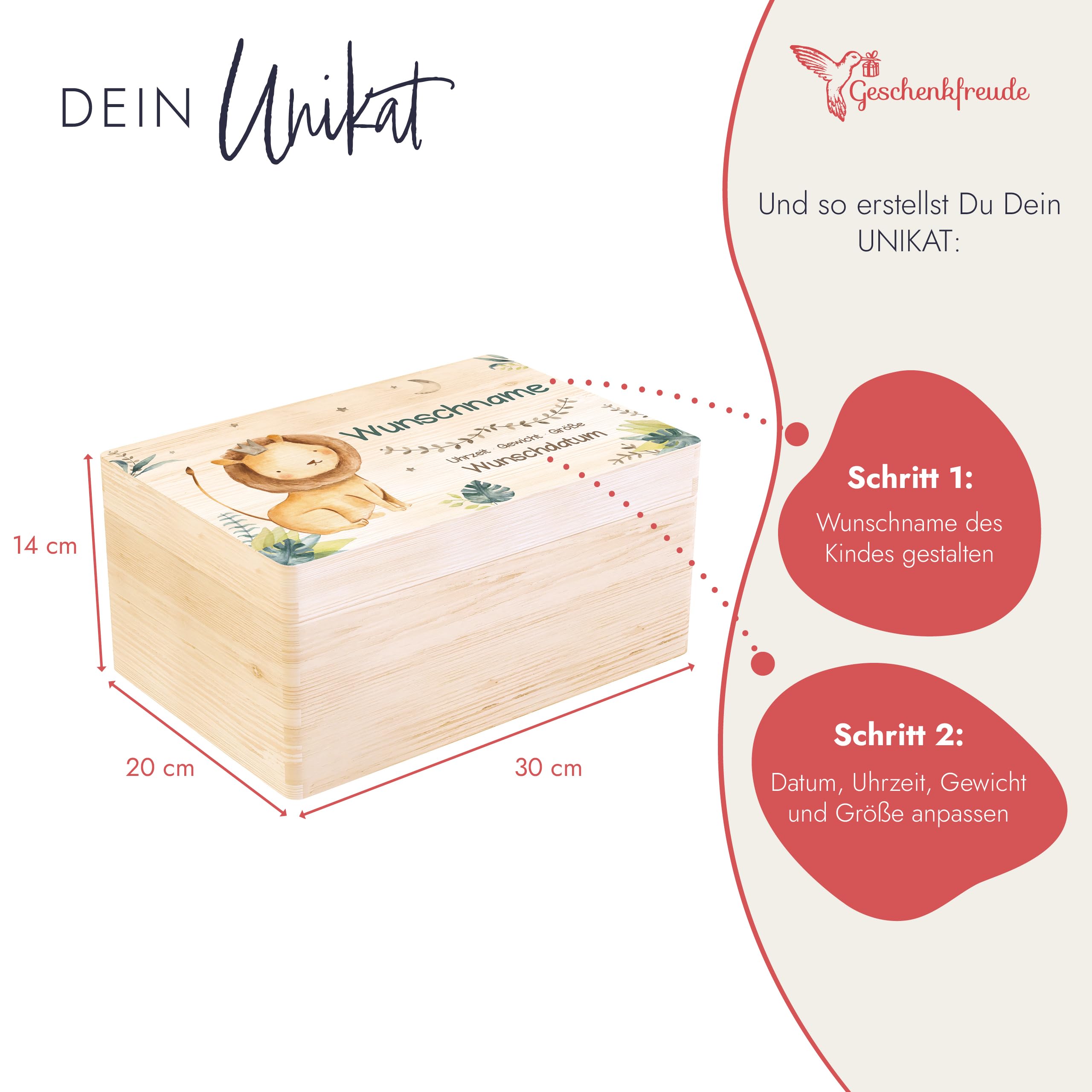 Geschenkfreude Baby Aufbewahrungsbox mit UV Druck - 30x20x14cm - Erinnerungsbox Baby personalisiert - Geschenk zur Geburt - Erinnerungsbox Kinder - personalisierte Holzkiste Neugeborene