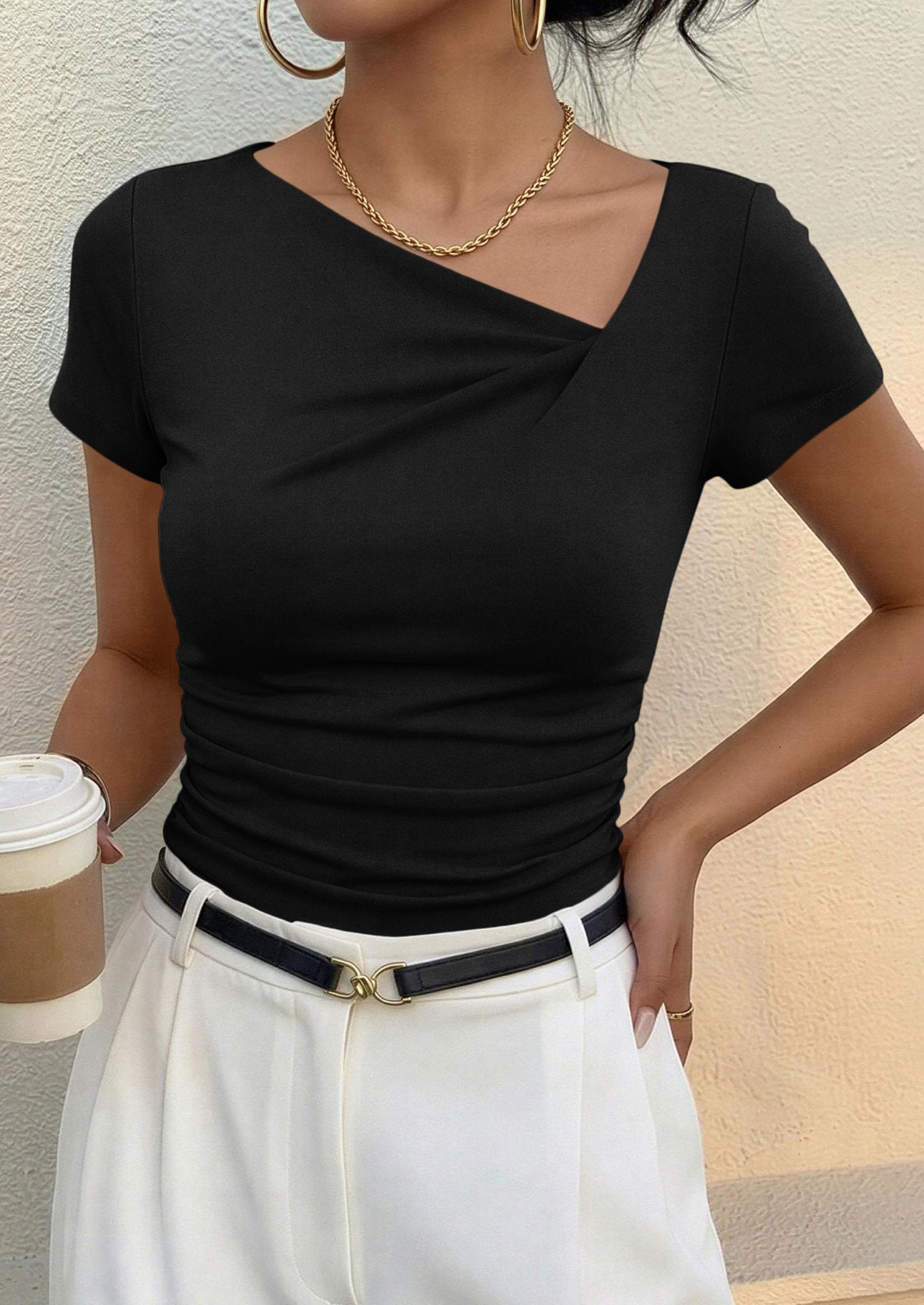 PRETTYGARDEN Women's 2026 Summer Asymmetrical Y2K Tops Trendy Ribbed Short Sleeve Fitted Tee Shirts Spring Fashion Clothing — view 6
