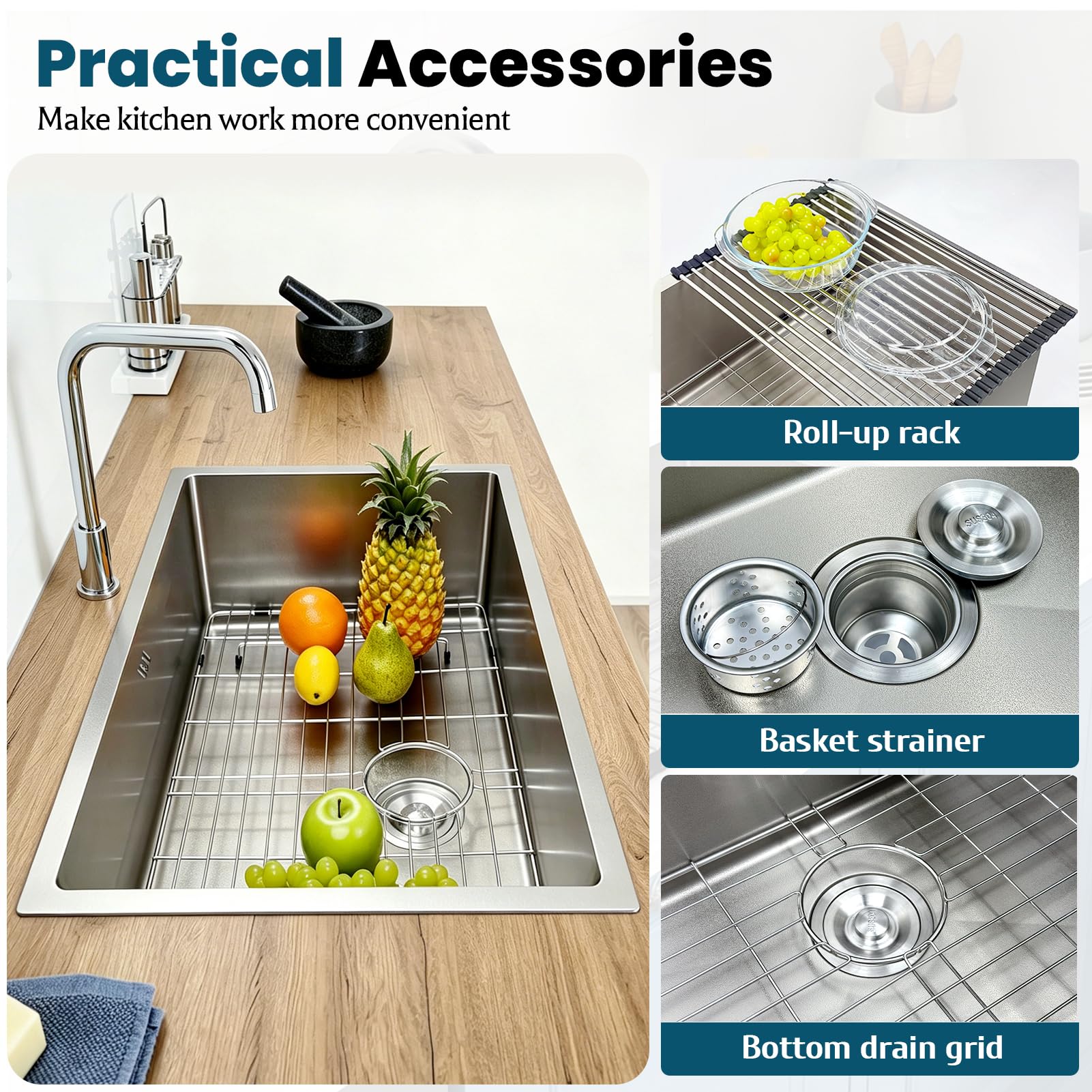 Lavello da Cucina, 75 x 48 cm, in Acciaio Inox 304, lavello Singolo con scolapiatti a Pavimento, Argento, sifone e Tubo di Scarico Inclusi, 1 Vasca, Moderno, Senza Foro per rubinet