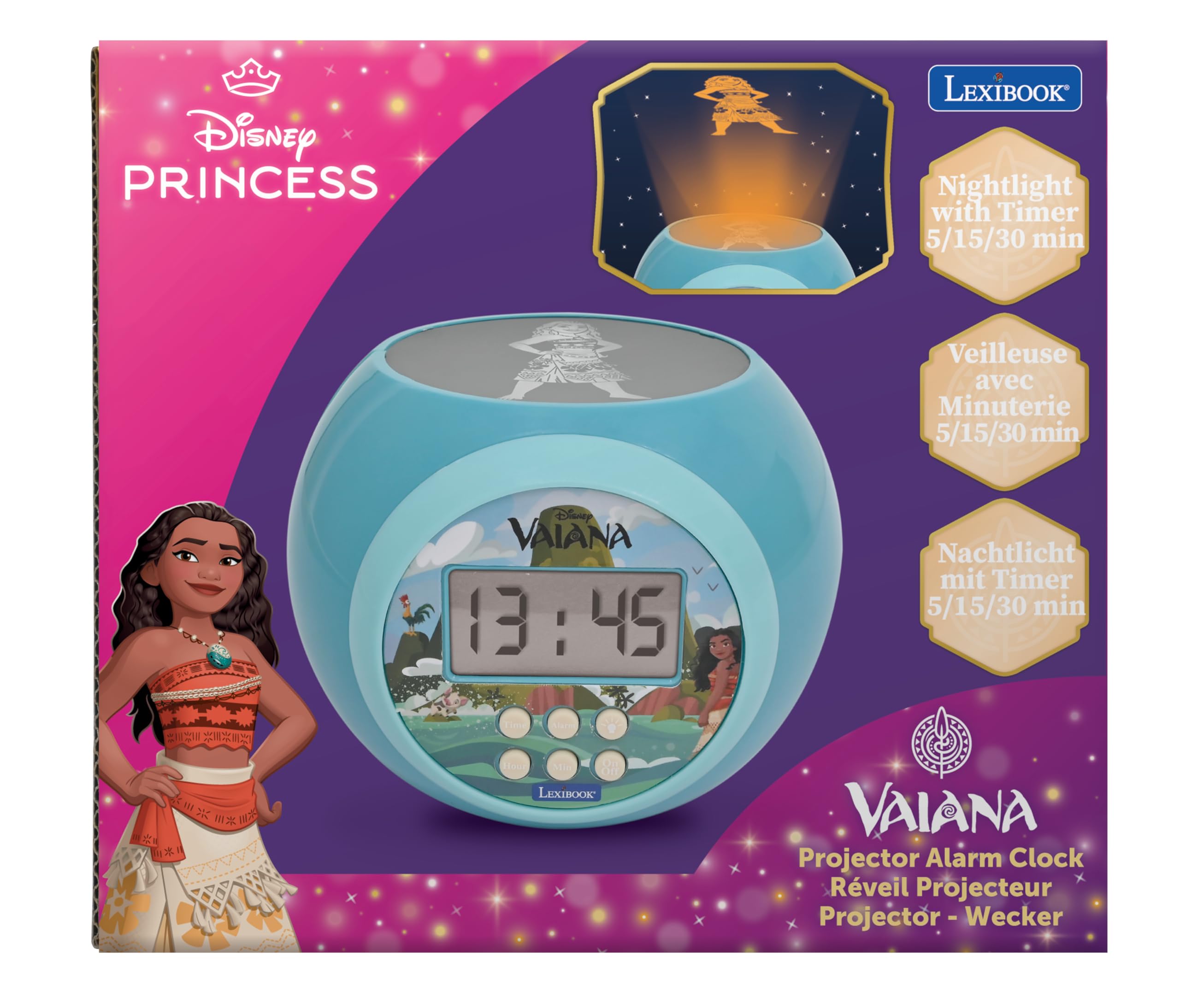 Lexibook, Disney Vaiana Oceania, Sveglia a proiettore con Funzione Snooze, Luce Notturna con Timer, Schermo LCD, a Batteria, Blu, RL977VNLXB
