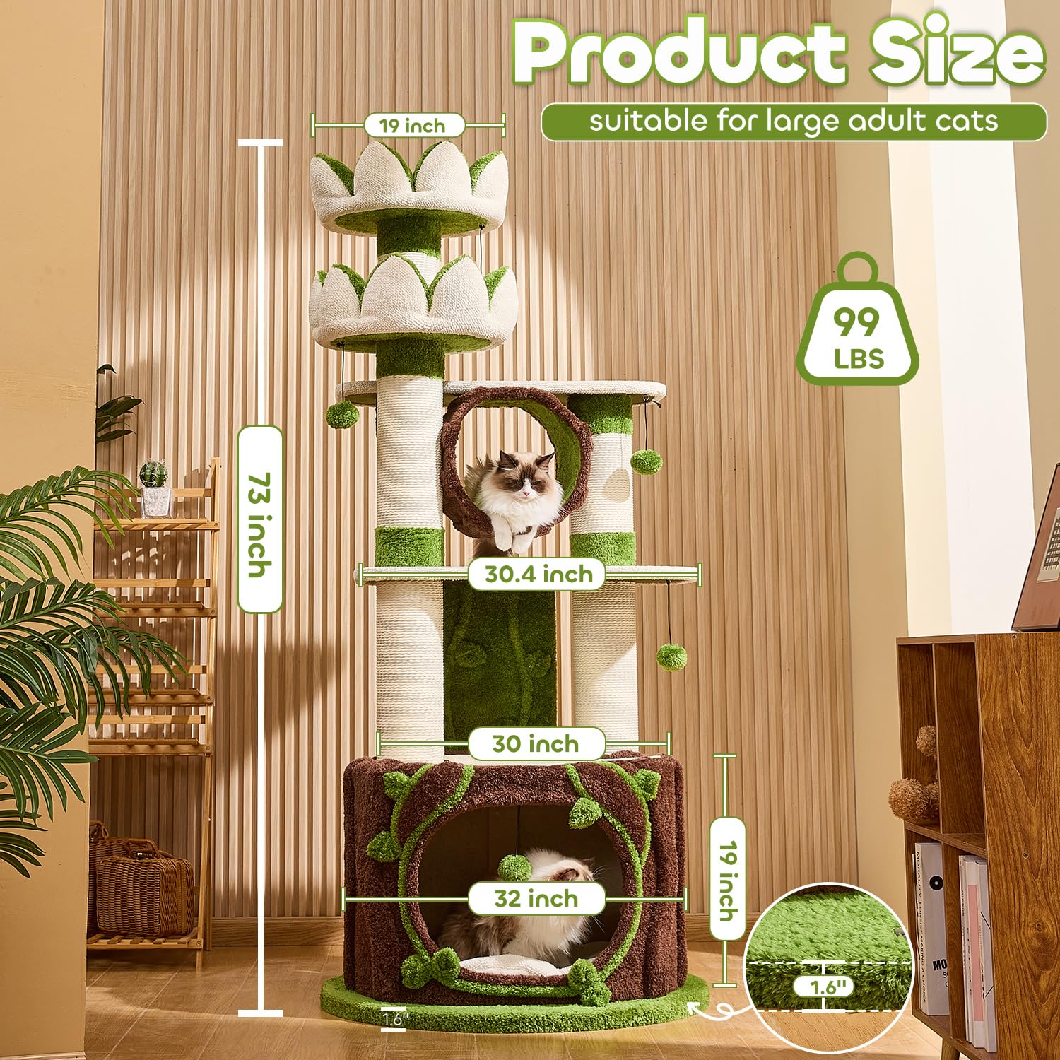 73'' Tall Modern Cat Tree,Lotus Cat Tower for Indoor Adults Fat Cats,Multi-Level Heavy Duty Cat Furniture with Large Condo,Bed,Tunnel,Big Sisal Scratching Pad Post,Large Platform,Luxury Toys for Cats