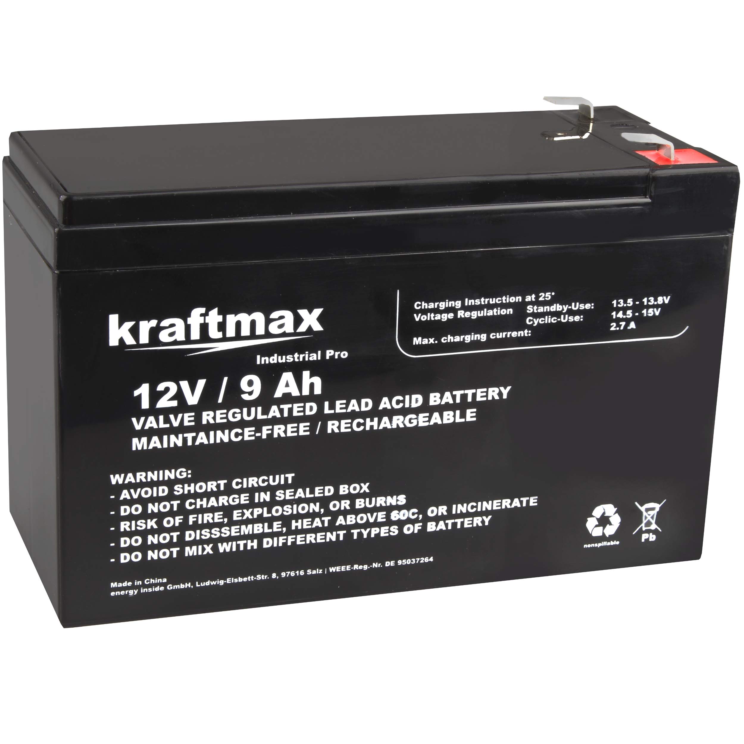 kraftmax Industrial Pro - Batería de plomo (12 V/9 Ah)