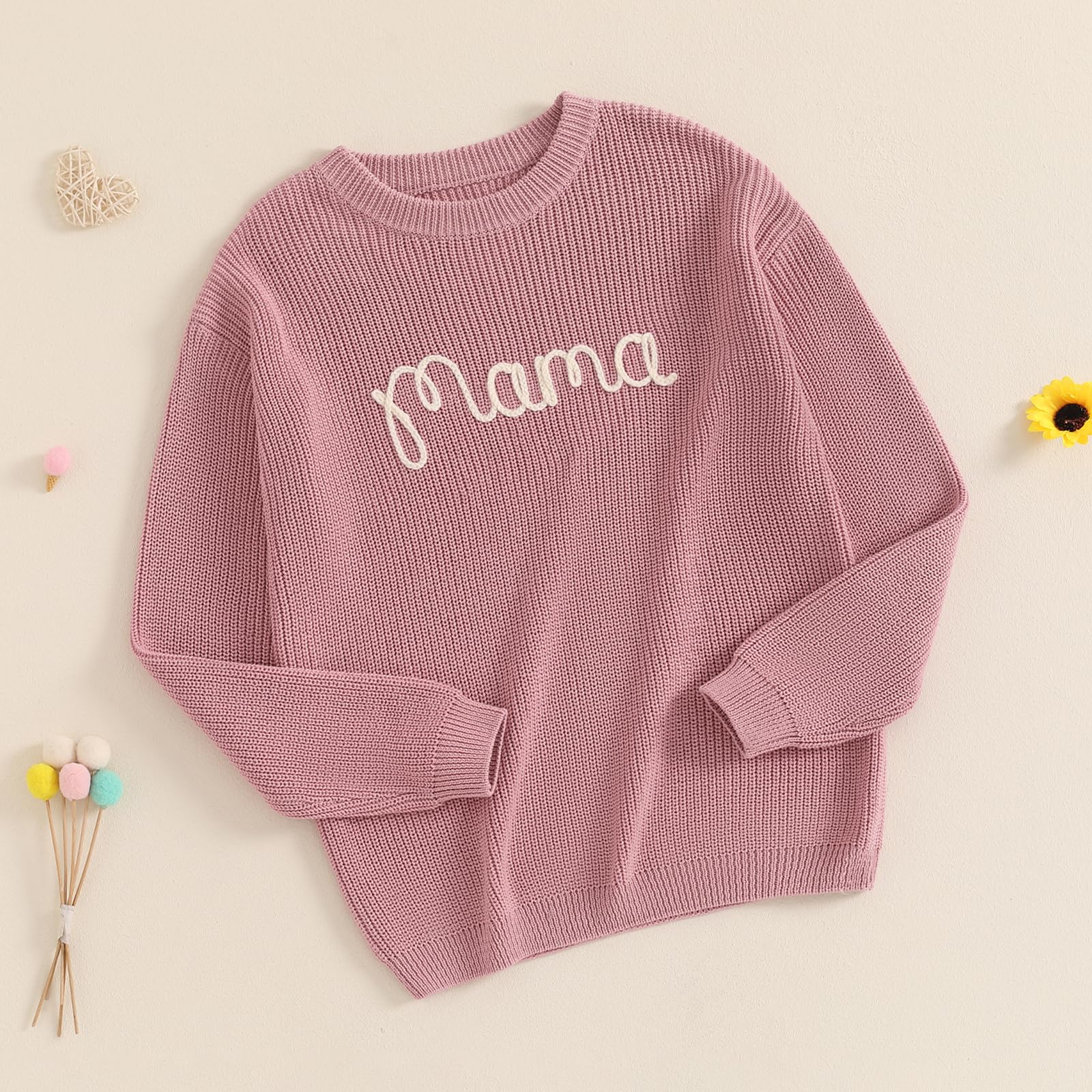 Mommy and Me Family Matching Sweaters Letter Embroidery Long Sleeve Round Neck Knitwear Fall Winter Warm Tops (Mom, M, Pink)