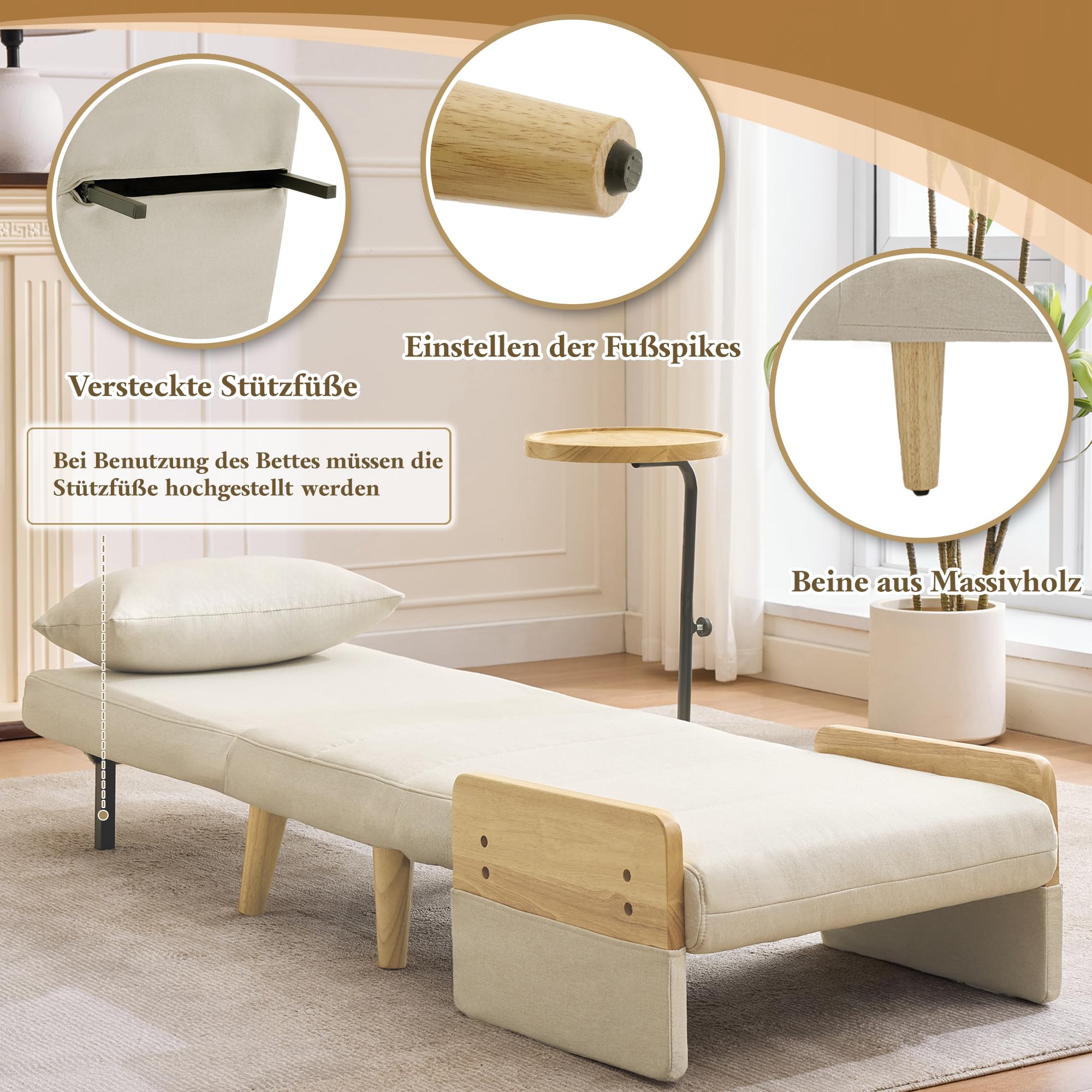 Poltrona di conversione 3 in 1 con funzione di sonno, con vassoio in legno, sedia pieghevole imbottita, seduta imbottita, poltrona lounge, letto singolo, adatta per soggiorno, camera da letto