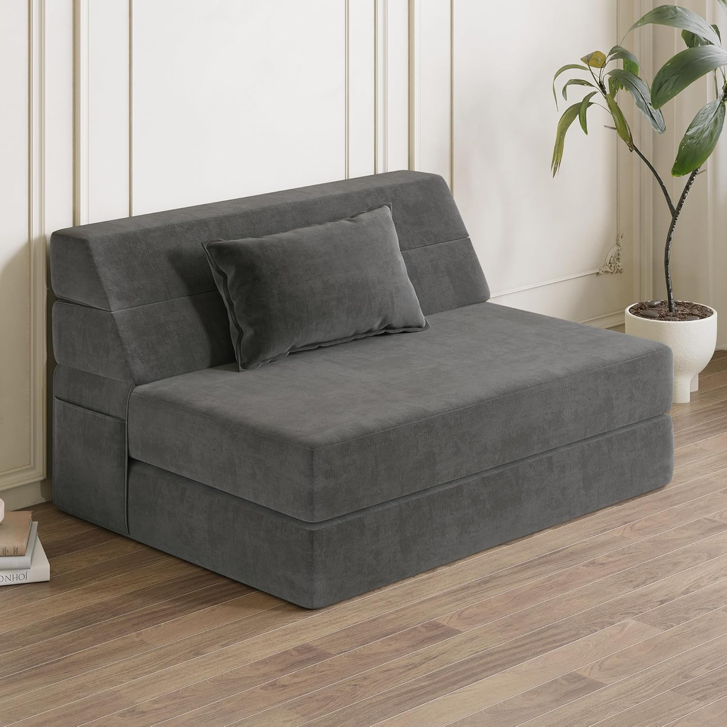 Folding Sofa Bed Convertible Sleeper Chair with Pillow Fold Out Couch Memory Foam Floor Mattress Portable Futon Sofa Bed Lazy Sofa for Living Room/Dorm/Guest Room/Home Office, Twin, Light Grey Light Grey Twin