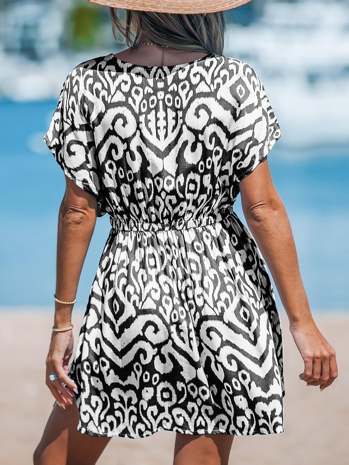 CUPSHE Women's Swimsuit Coverup Dress Short Sleeve Casual Summer Printed Beach Cover Ups Sundress