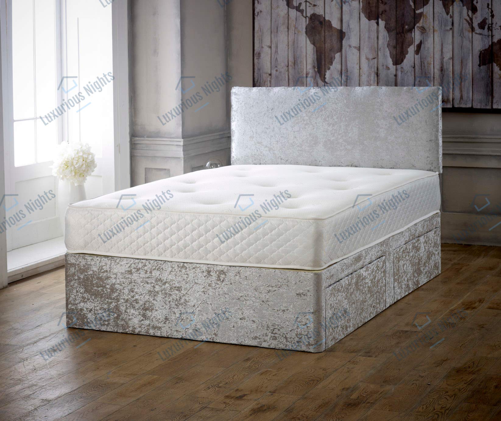 Luxurious Nights Crushed Velvet Divan Bed Set With Orthopaedic Mattress and Free 20" Headboard (3FT Single 0 Drawer, Pink)