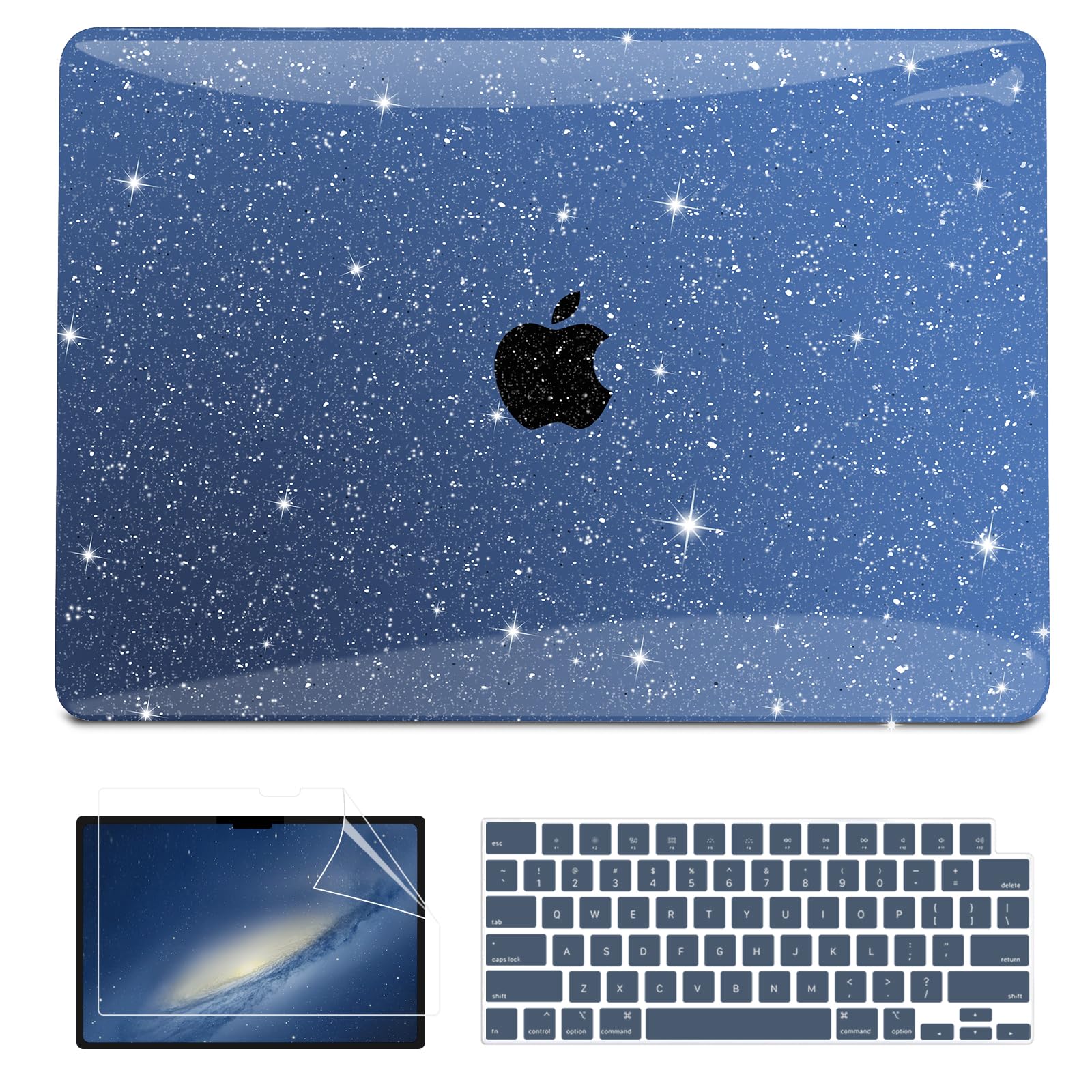 QJUZO Compatible with MacBook Air 13 inch Case 2025 2024-2022 M4 M3 M2 (Model A3240 A3113 A2681), Sturdy Glitter Clear Hard Shell with Keyboard & Screen Cover for MacBook Air 13.6", Midnight Blue