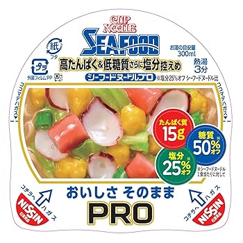 5843 高たんぱくPROカップヌードルシーフード 4ケース48個セット 楽天市場】カップヌードルPRO 高たんぱく＆低糖質さらに塩分
