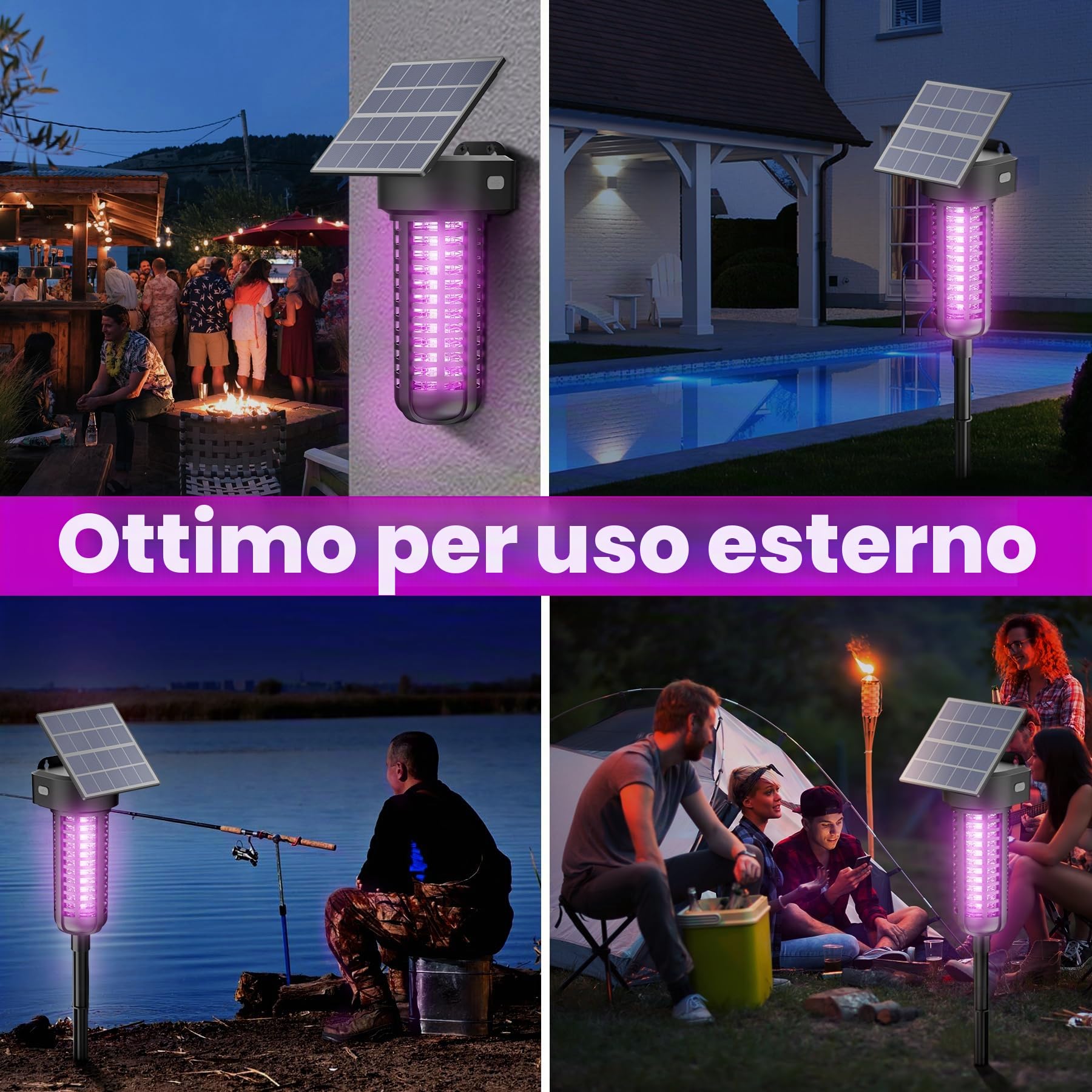 Lampada antizanzare a energia solare, confezione da 2, impermeabile, per esterni, con accensione/spegnimento automatico, senza fili, da giardino, colore: nero