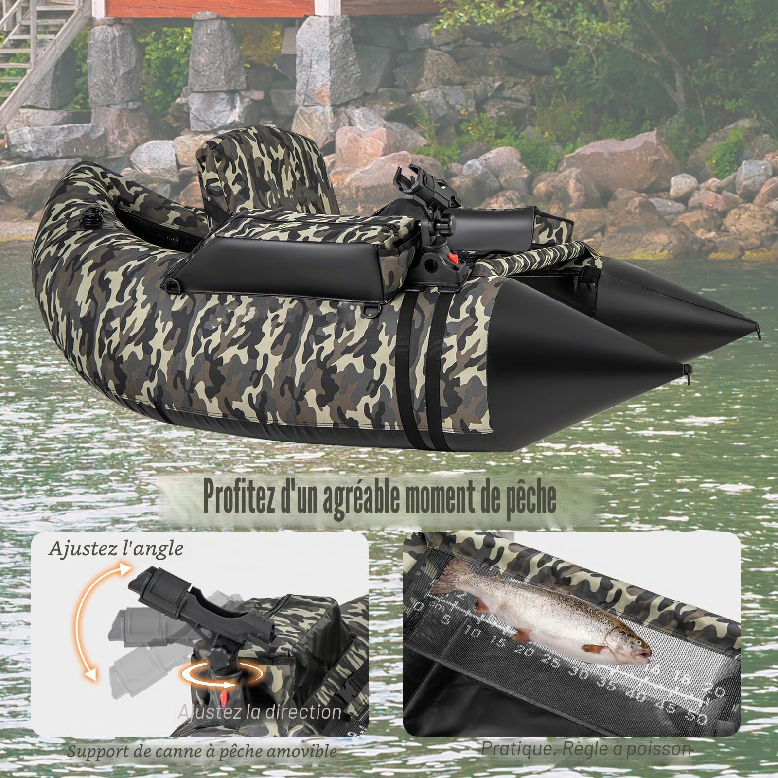 HOMASIS Bateau de Pêche Pneumatique en Forme de V, Bateau Gonflable avec Support pour Cannes, Stockage d'Equipement, Bateau Gonflable Adulte à la Mouche avec Ailerons et Pompe, 150 x 110 x 48 cm