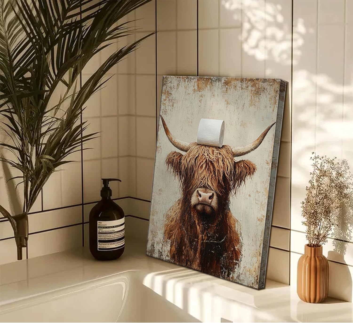 Highland Cow Funny Bathroom Canvas Wall Art Rustic Brown Cute Cow Animal Painting Picture Wall Decor Vintage Farmhouse Poster Print Artwork for Bath Restroom Home Decoration FRAMED
