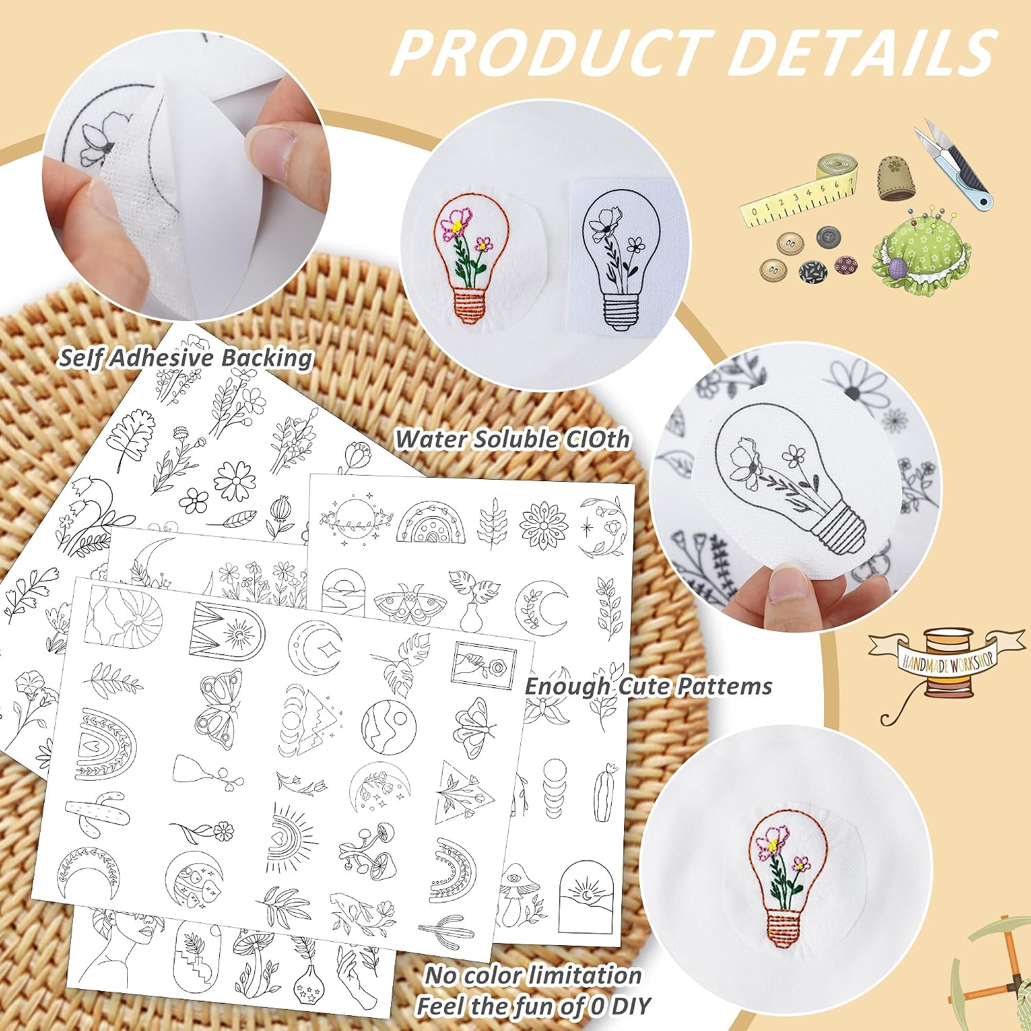 Water Soluble Stabilizer Embroidery Paper - Stick and Stitch Embroidery Paper Wash Away, 4 Sheet PCS Embroidery Pattern, Boho Butterfly Flower Sun Moon Designs, Hand Sewing Crafts