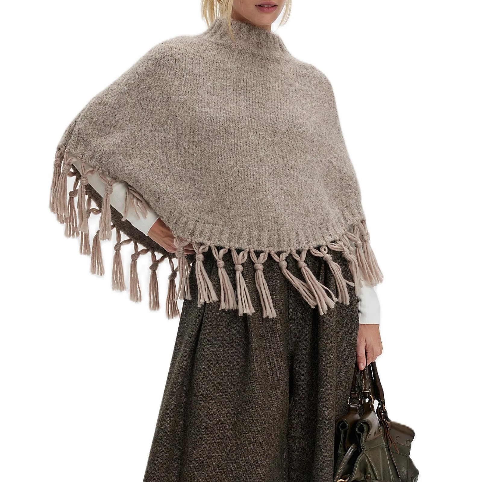 argeousgor Women Tassel Poncho Sweater Y2K Knitted Pullover Poncho Shawl Lightweight Fringe Wrap Cardigan Knitwear Cape-picture-21