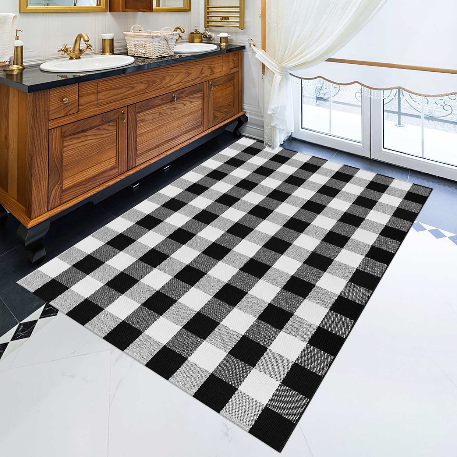 Buffalo Plaid Outdoor Rug 4x6 Front Door Rug Washable Checkered Rug Black and White Kitchen Rugs Cotton Woven Carpet Runner for Hallway Living Room Dining Room Bedroom Patio Farmhouse