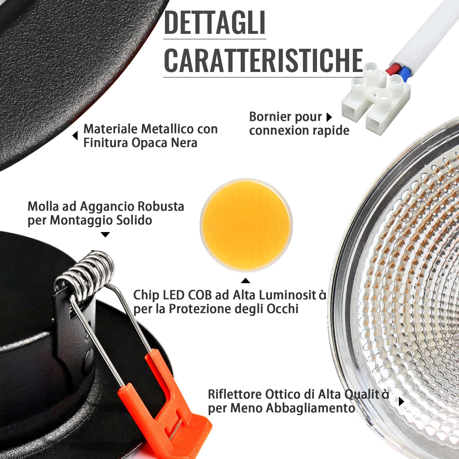 6 Faretti LED Da Incasso Dimmerabili 10W – 850LM, Luce Calda 3000K, Foro 65-88mm, COB 220V
